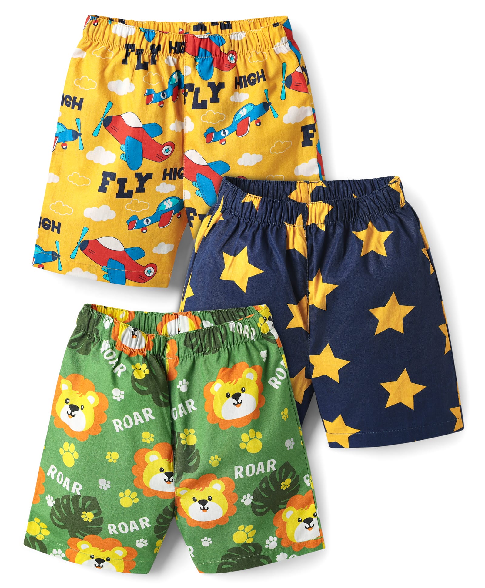 Babyhug Cotton Woven Above Knee Length Boxer With Aeroplane Stars & Animal Print Pack Of 3 - Yellow Navy Blue & Green-picture-29