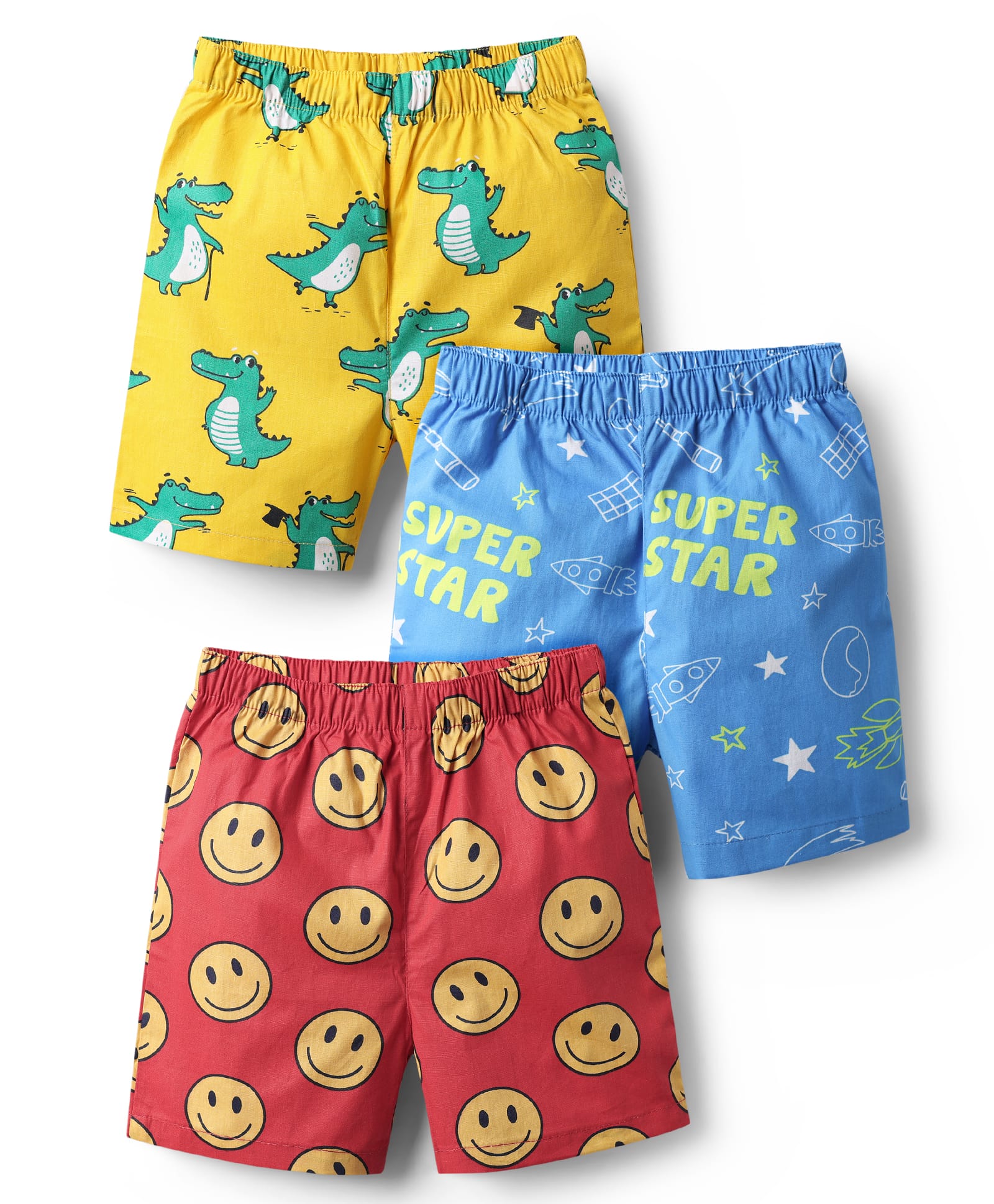 Babyhug Cotton Woven Above Knee Length Boxers With Crocodile Space Theme & Smile Print Pack Of 3 - Yellow Blue & Red
