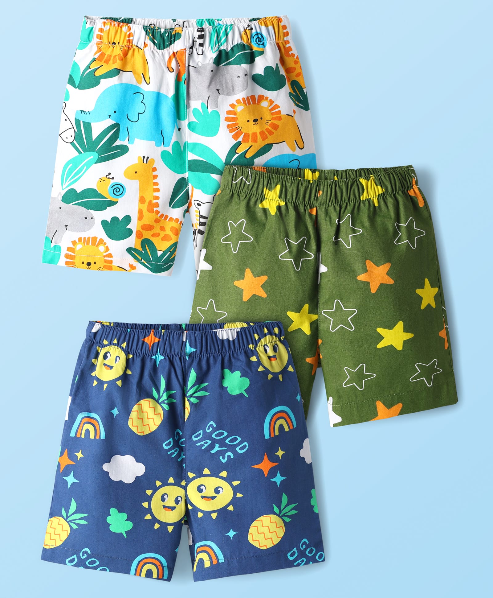 Babyhug Cotton Woven Above Knee Length Boxer With Stars & Animal Print Pack Of 3 -Navy Blue White & Green-picture-24