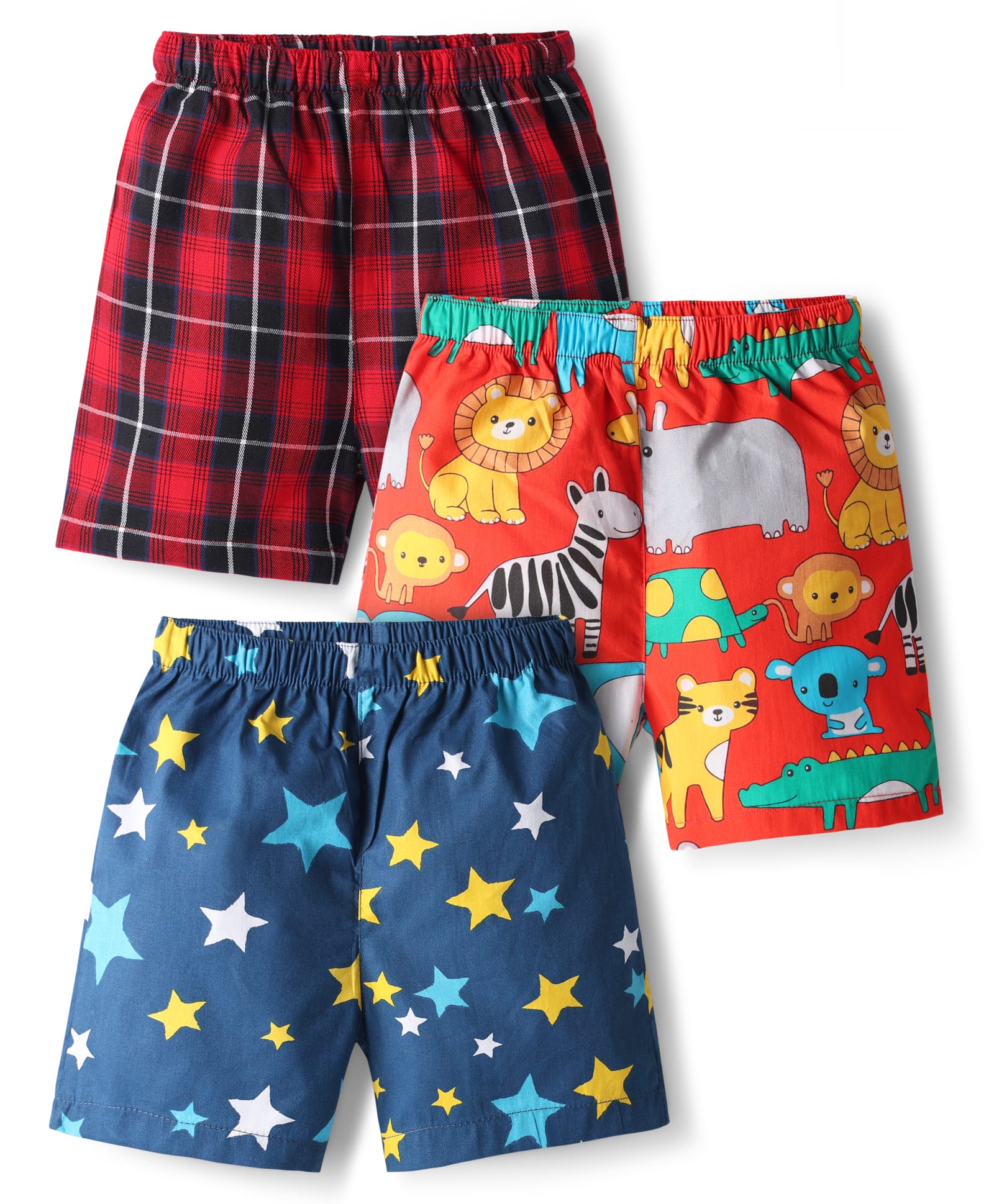 Babyhug Cotton Woven Above Knee Length Boxers with Checked Animal & Star Print Pack of 3 - Red & Blue-image-16