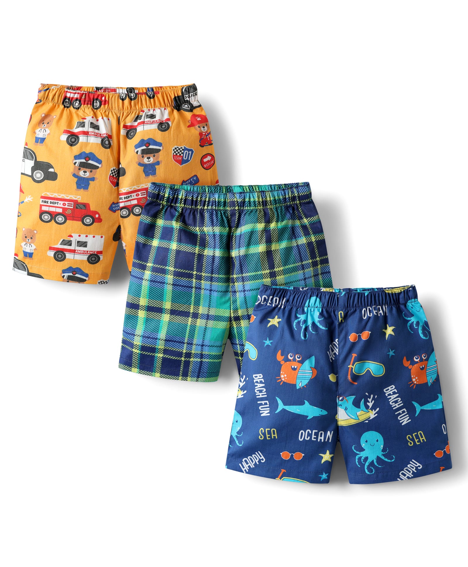 Babyhug Cotton Woven Above Knee Length Boxer with Check Animal & Cars Print Pack of 3 - Blue Yellow Green-picture-34