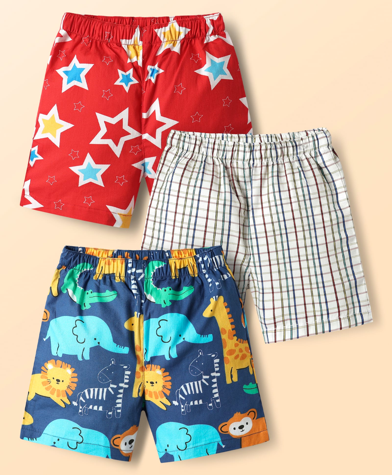 Babyhug Cotton Woven Above Knee Length Boxers with Star Checks & Animal Print Pack of 3 - Red Navy Blue & Off White-image-38