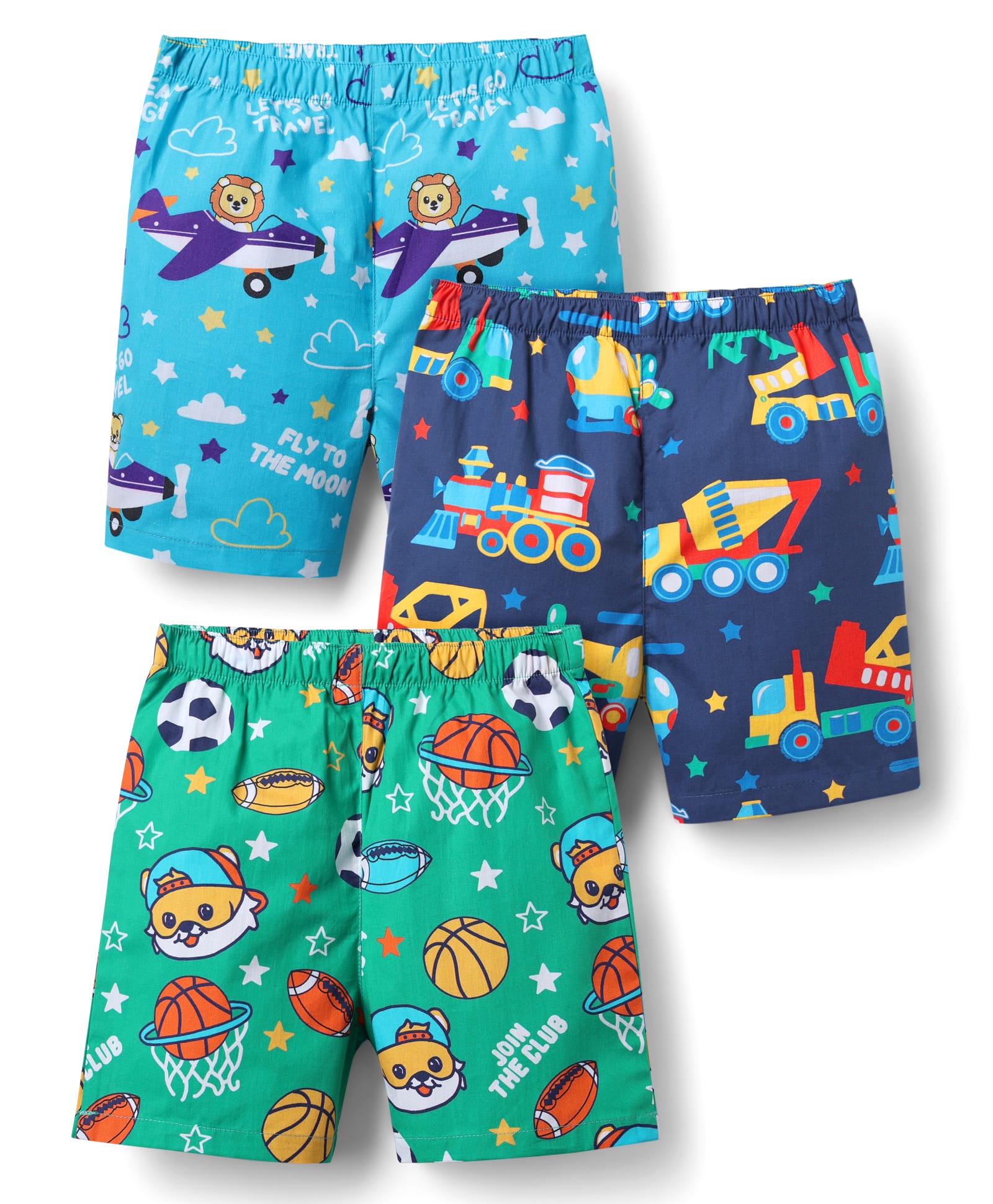 Babyhug Cotton Woven Above Knee Length Boxer with Animal & Vehicle Print Pack of 3 - Green & Blue