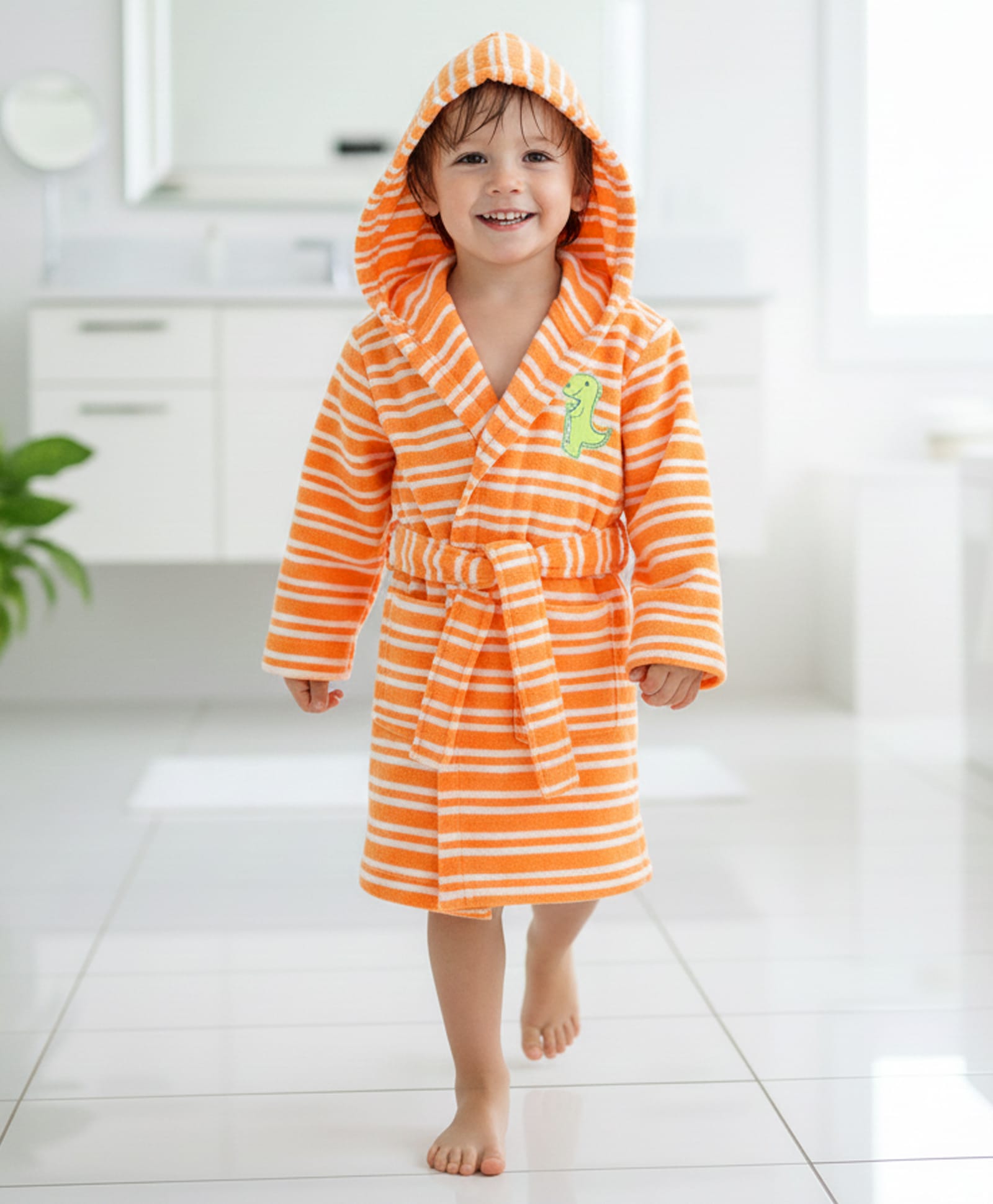 Babyhug Terry Cotton Knit Full Sleeves Bathrobe with Hood Striped Design & Dino Embroidery - Orange-image-39