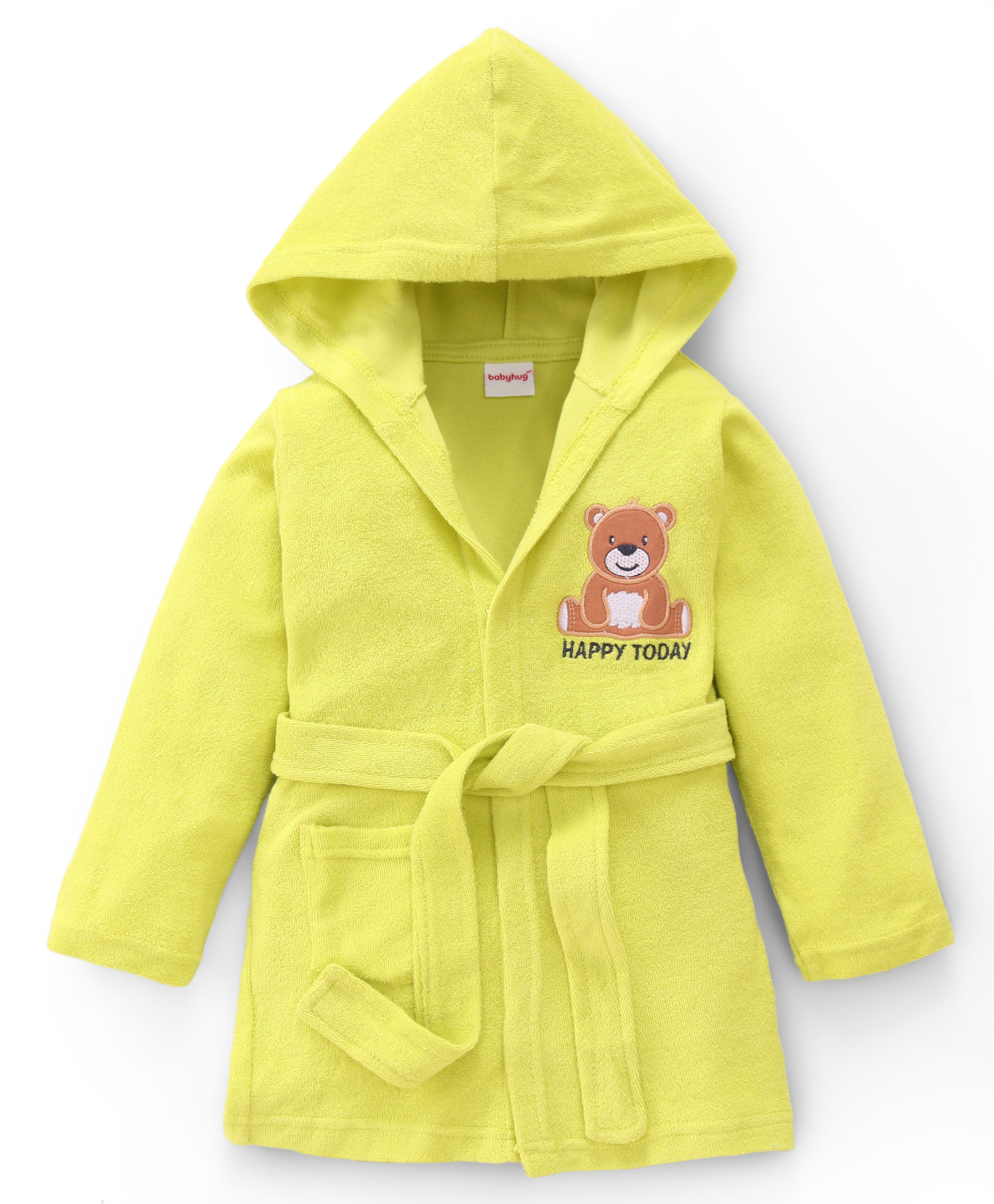Babyhug Terry Knit Full Sleeves Hooded Bathrobe with Bear Embroidery - Neon Green-image-32
