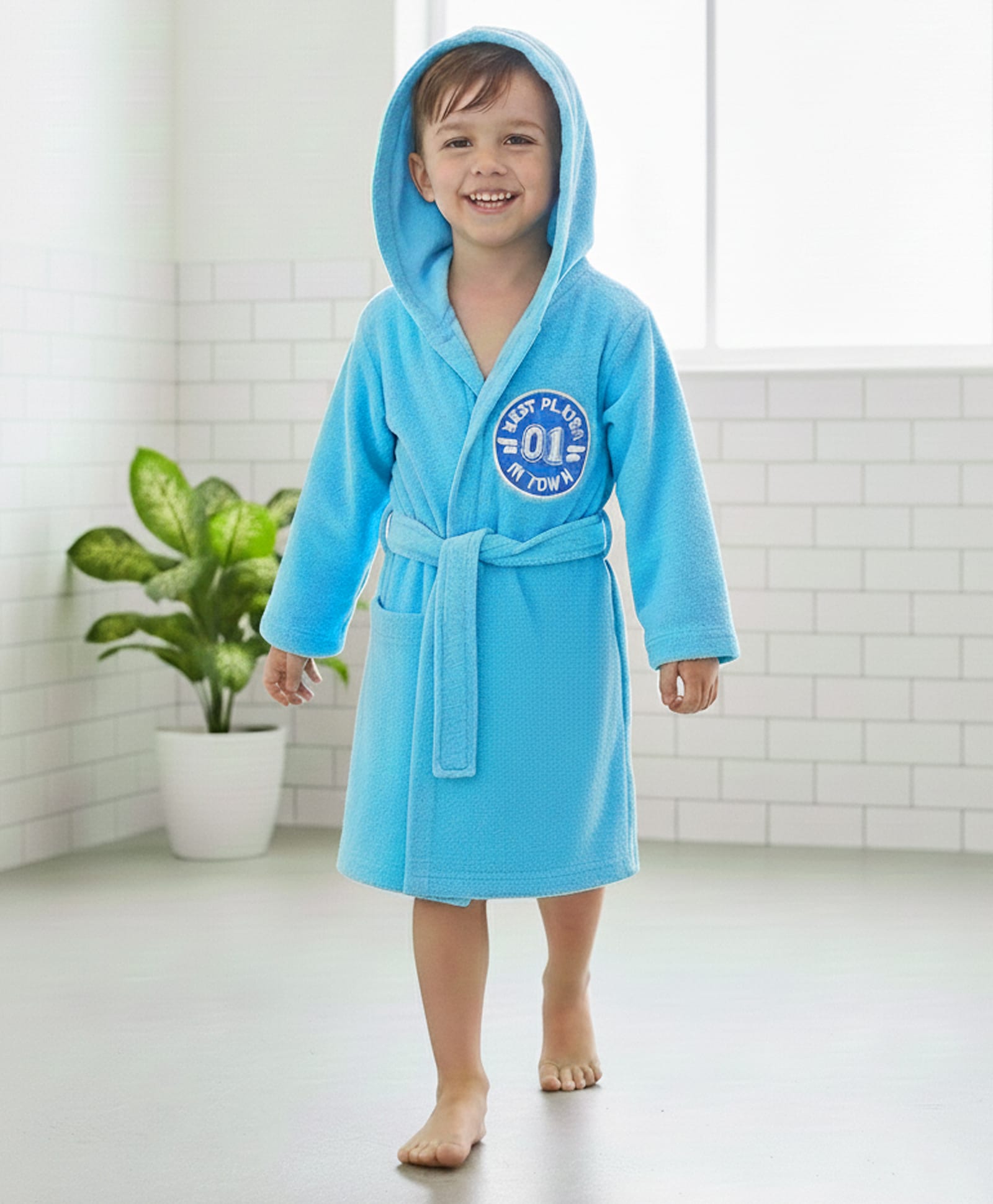 Babyhug Terry Cotton Knit Full Sleeves Bathrobe with Hood & Best Player In Town Embroidery - Light Blue-image-18