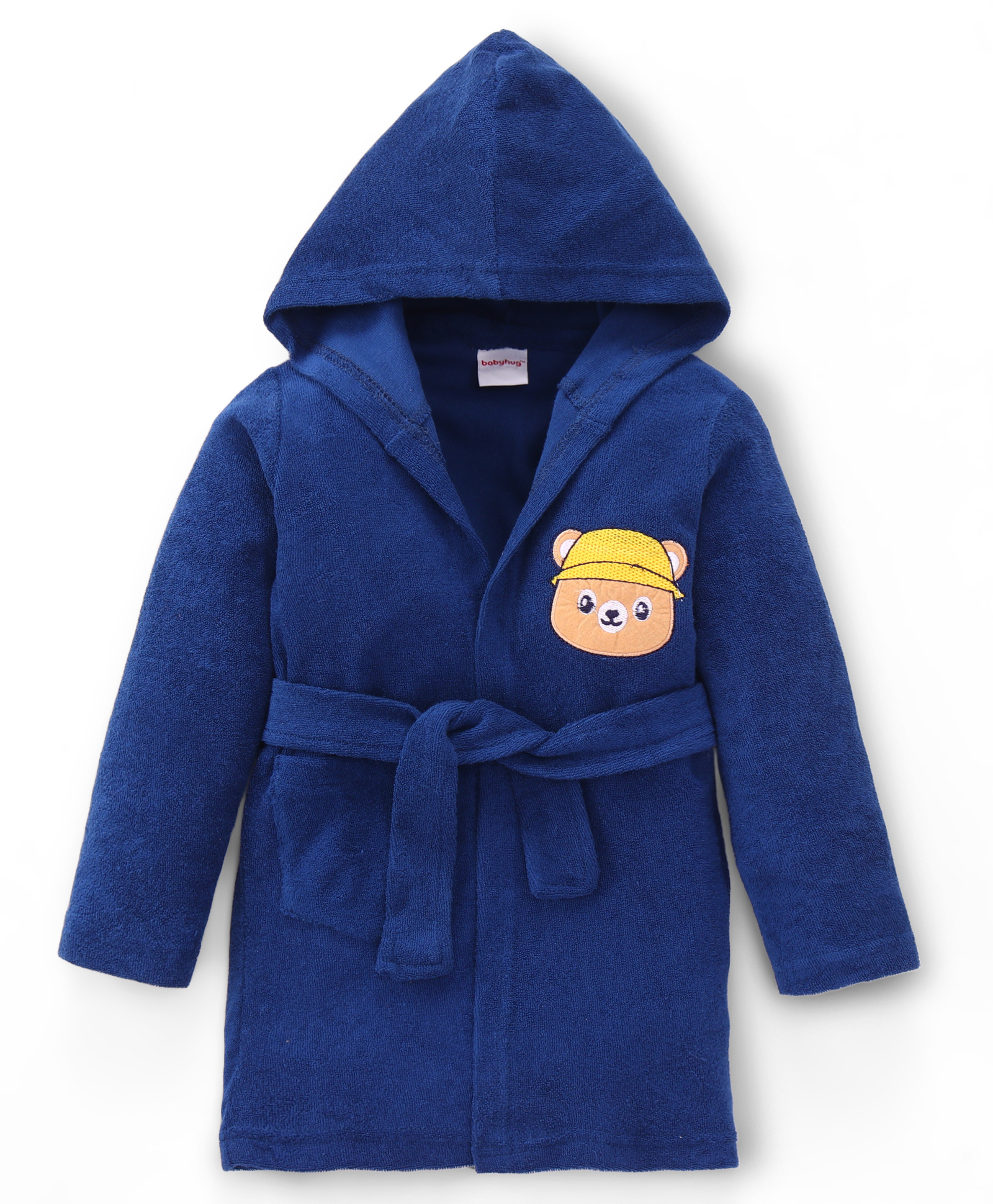 Babyhug Cotton Knit Full Sleeves Hooded Bathrobe with Bear Embroidery - Navy Blue-image-29
