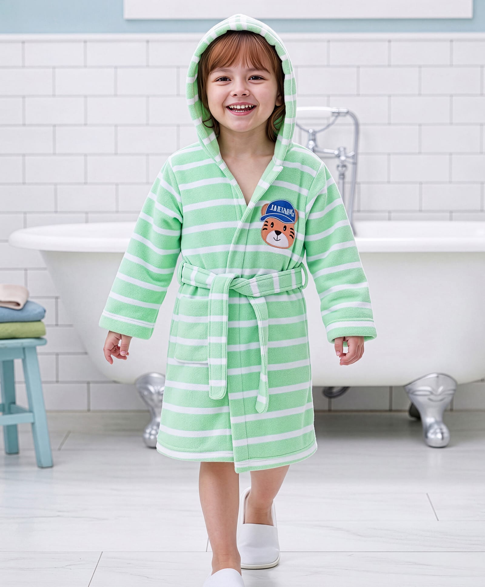 Babyhug Terry Cotton Knit Full Sleeves Bathrobe with Hood Stripe Design & Tiger Embroidery - Light Green-image-17