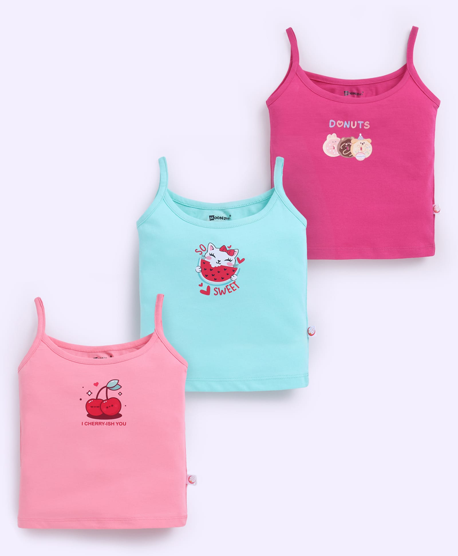 MOONKIDS 100% Cotton Knit Pack Of 3 Sleeveless Cherries & Donuts Printed Vests - Pink Fuchsia & Blue-image-47
