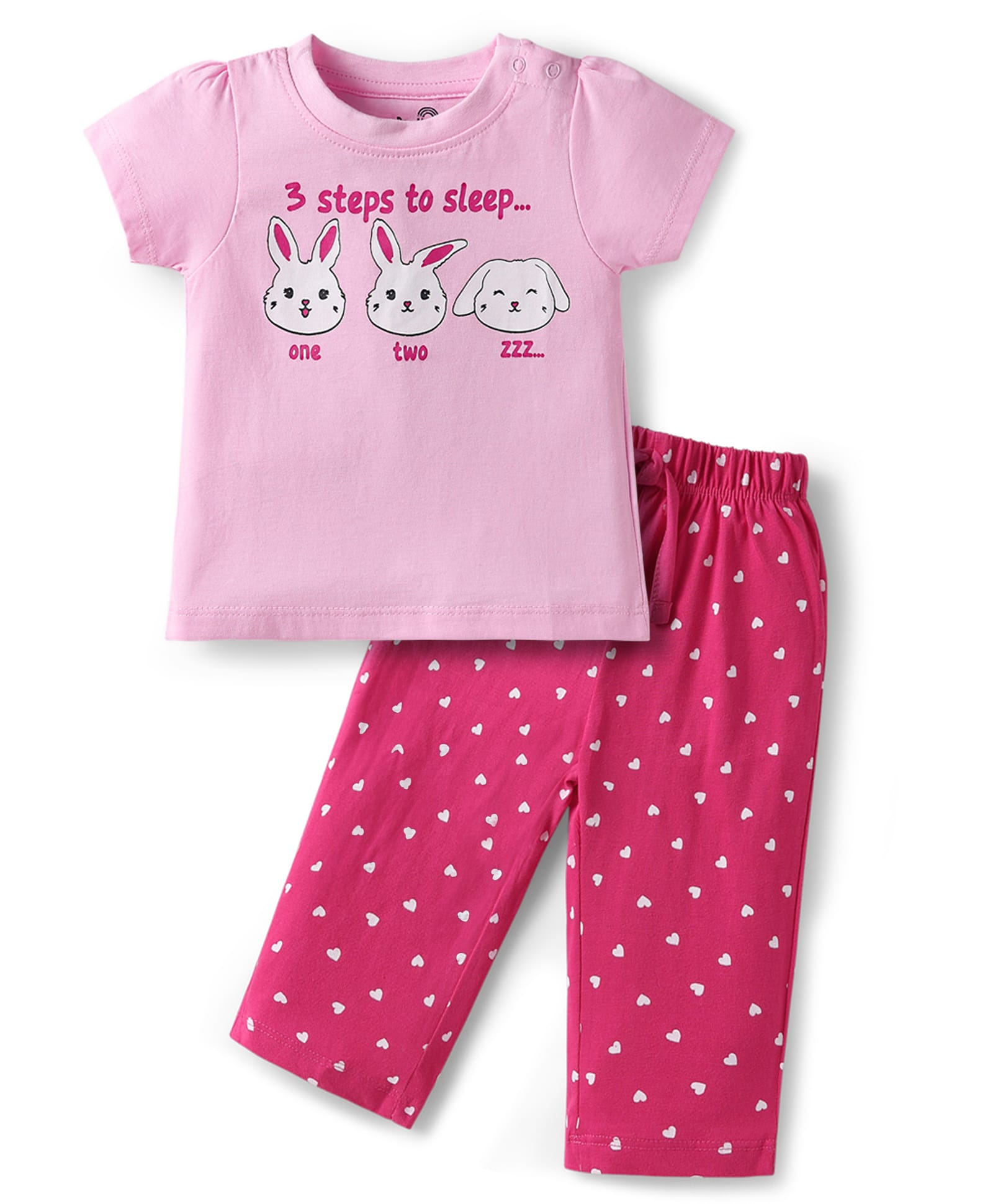 Doodle Poodle 100% Cotton Knit Half Sleeves Night Suit With Bunny & Heart Print - Pink-picture-16