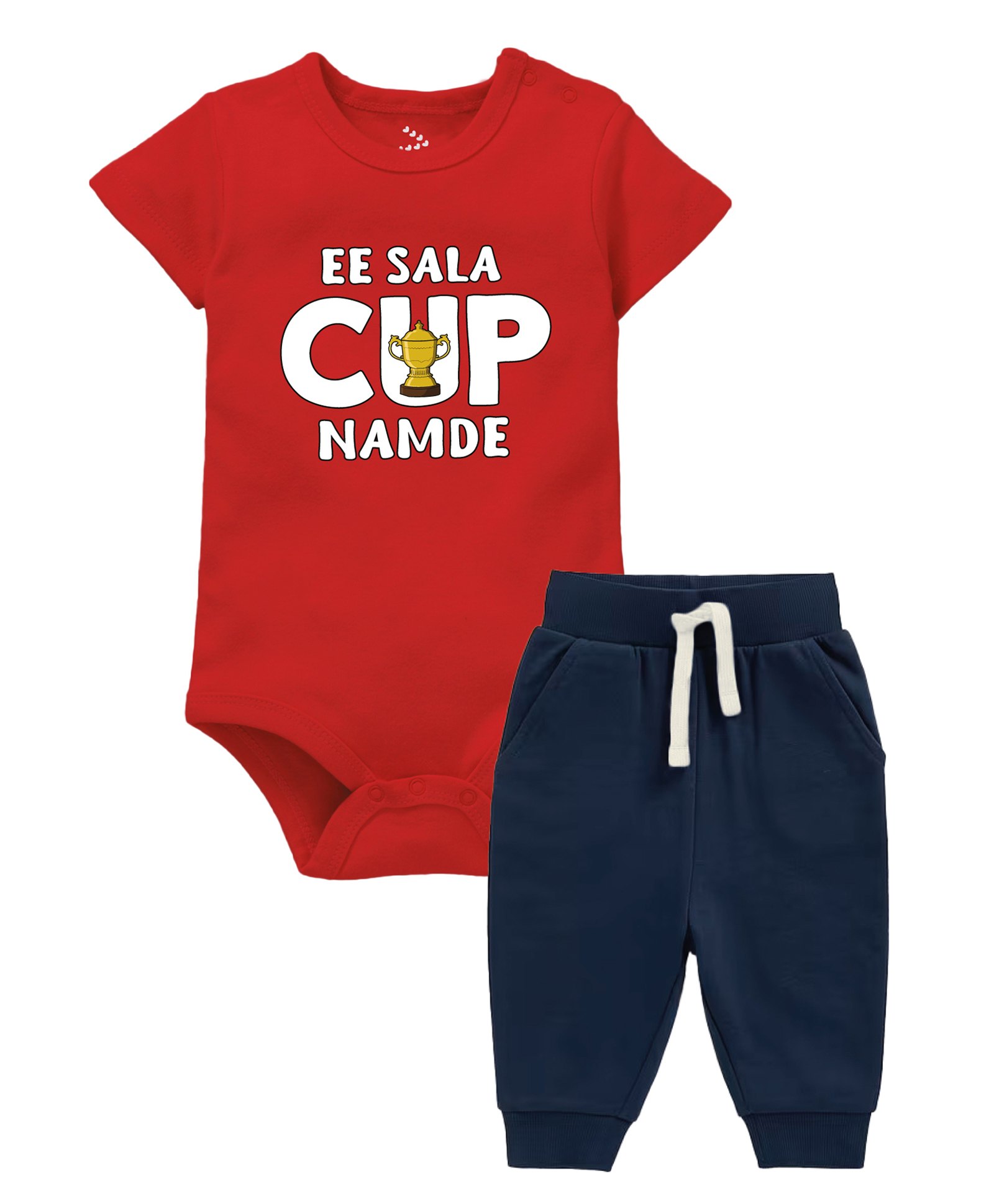 Zeezeezoo 100% Cotton IPL Theme Half Sleeves Ee Sala Cup Namde Text Printed Onesie With Joggers Set - Red & Navy Blue-image-16