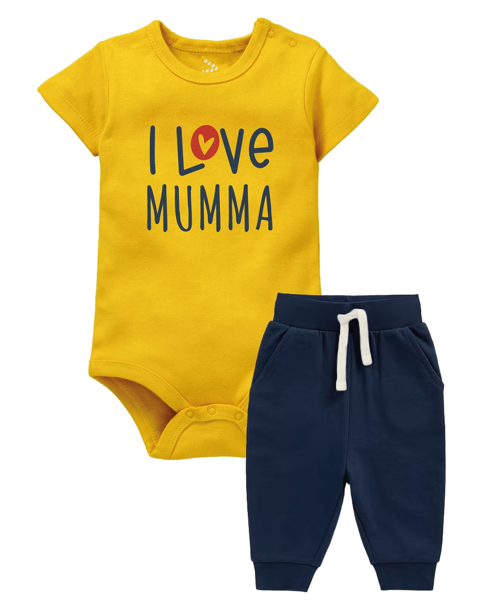 Zeezeezoo 100% Cotton Mothers Day Theme Half Sleeves I Love Mumma Text Printed Onesie With Joggers Set - Yellow & Navy Blue-picture-32