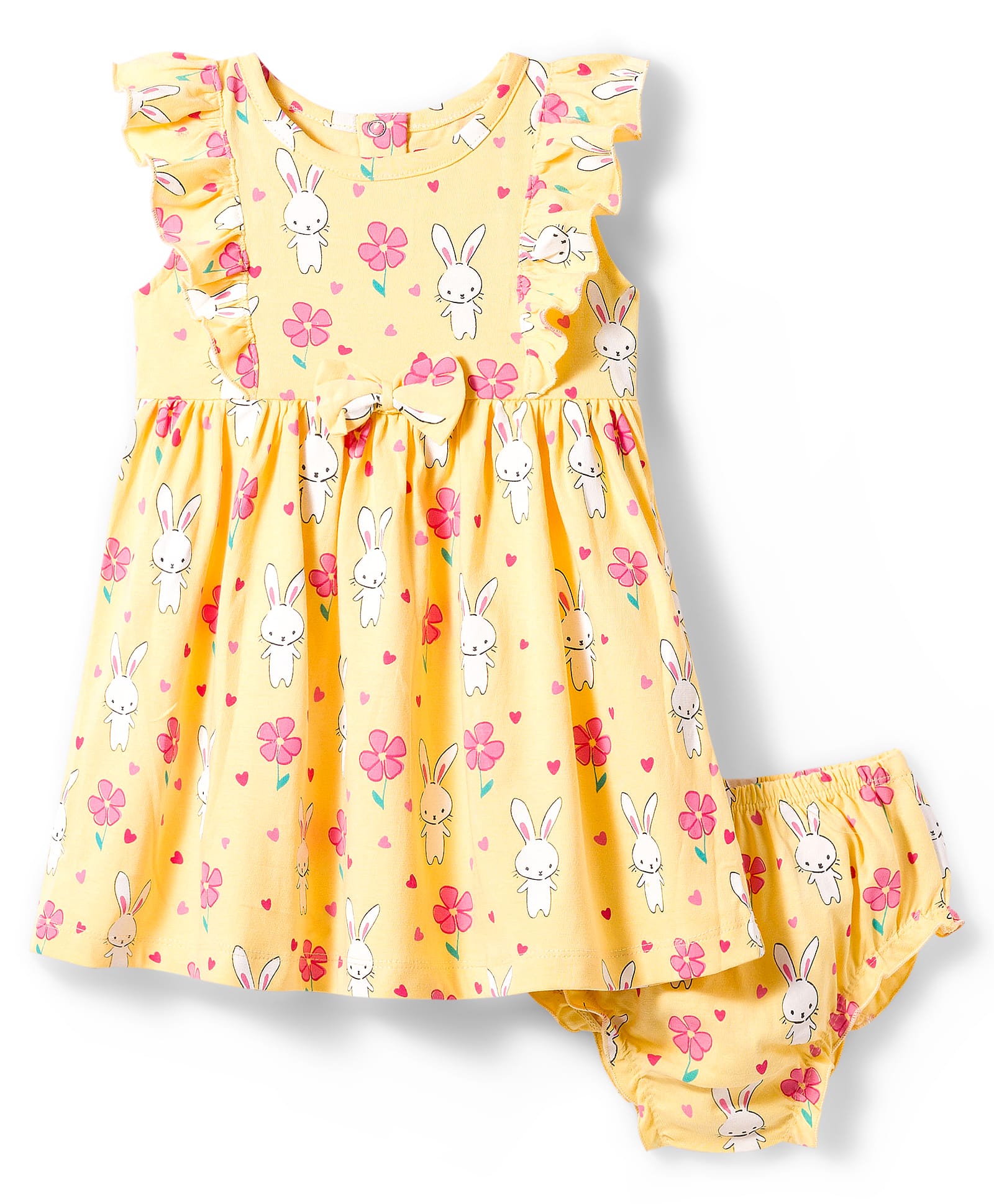Babyhug Single Jersey Knit Frill Sleeves Frock with Bloomer & Bunny Print - Yellow-image-12