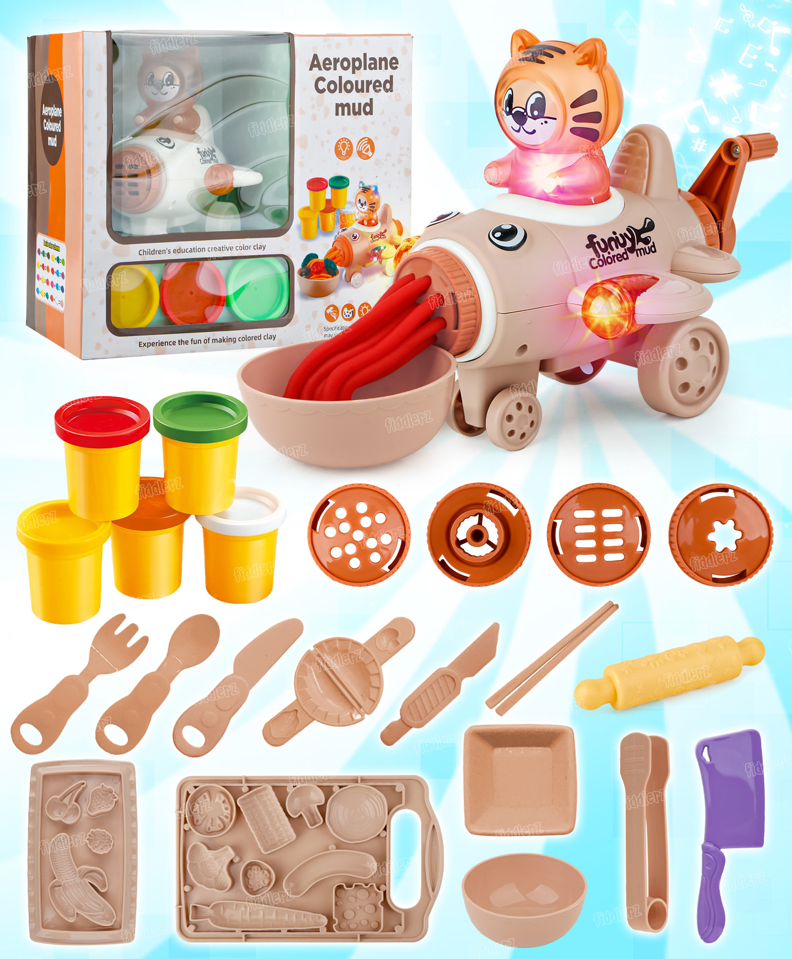Fiddlerz Aeroplane Coloured Mud Toy Set with Light and Sound DIY Clay Tools Fun Accessories Creative Educational Activity Kit for Kids 3 Years and Above - Multicolor (Pack of 1)-image-10