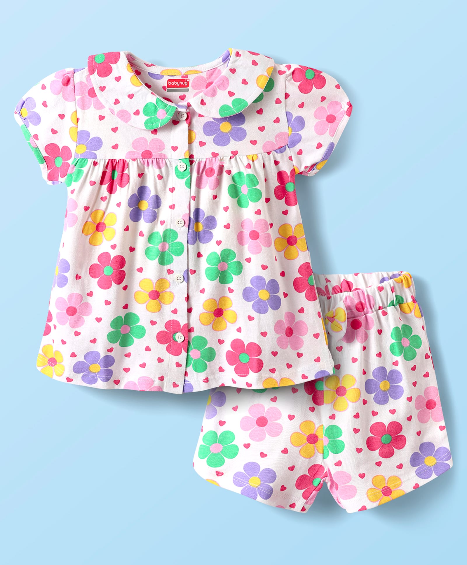 Babyhug Cotton Knit Half Sleeves Shorts Night Suit With Floral Print - White