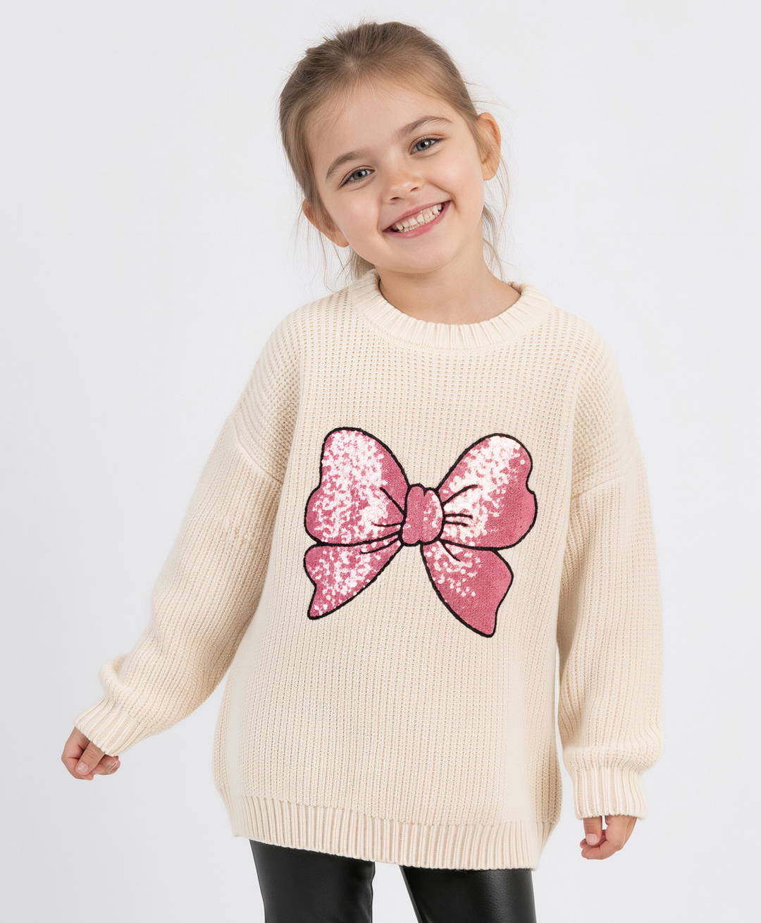 Bonfino 100% Cotton Knit Full Sleeves Pullover Sweater With Sequin Bow Embroidery - White-picture-25