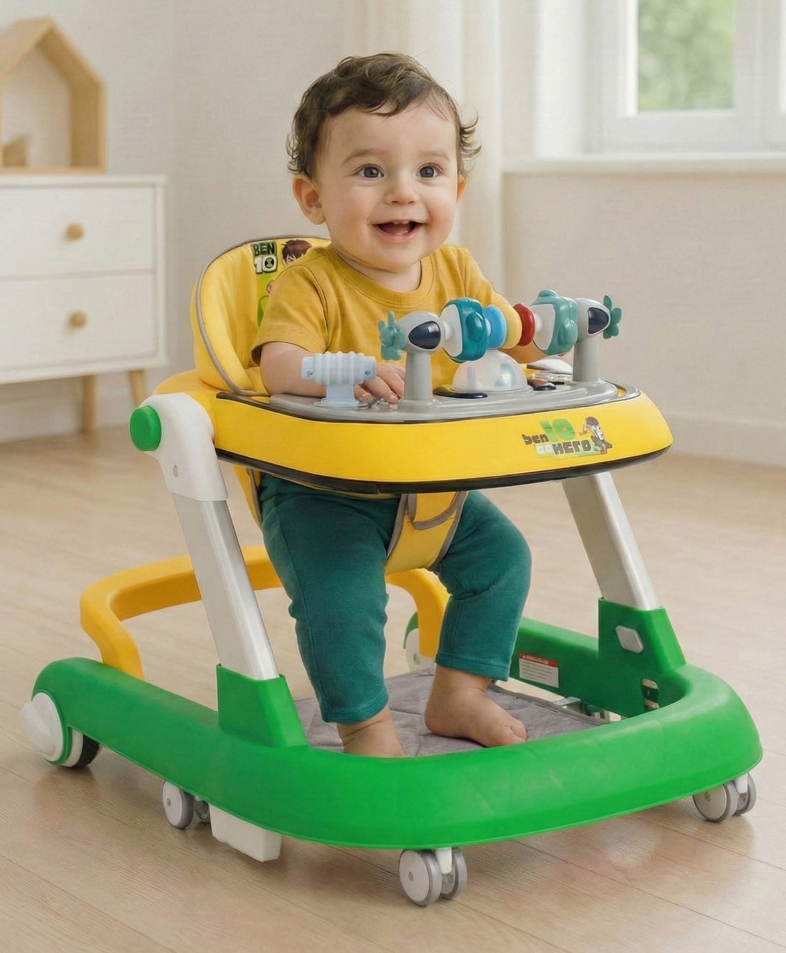 fab n funky BEN 10 Multifunctional 2 in 1 Baby Walker with Anti Fall Protection & Adjustable Height Without Foot Mat- Green-picture-12