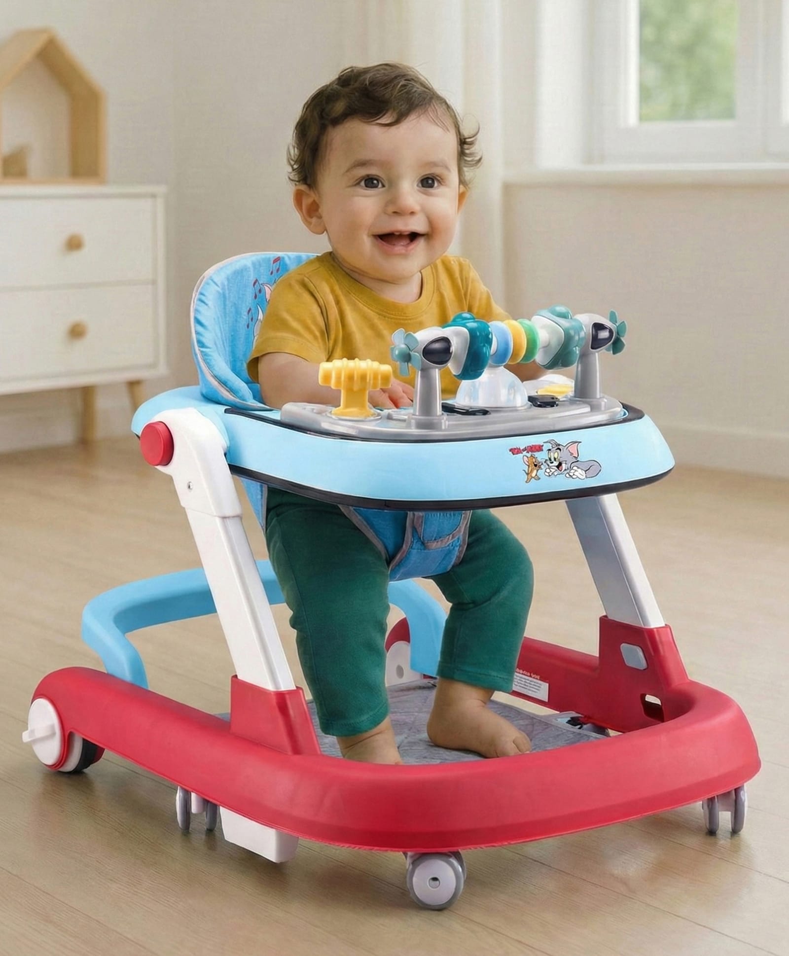 fab n funky Tom & Jerry Multifunctional 2 in 1 Baby Walker With Anti Fall Protection & Adjustable Height Without Foot Mat - Blue-picture-14