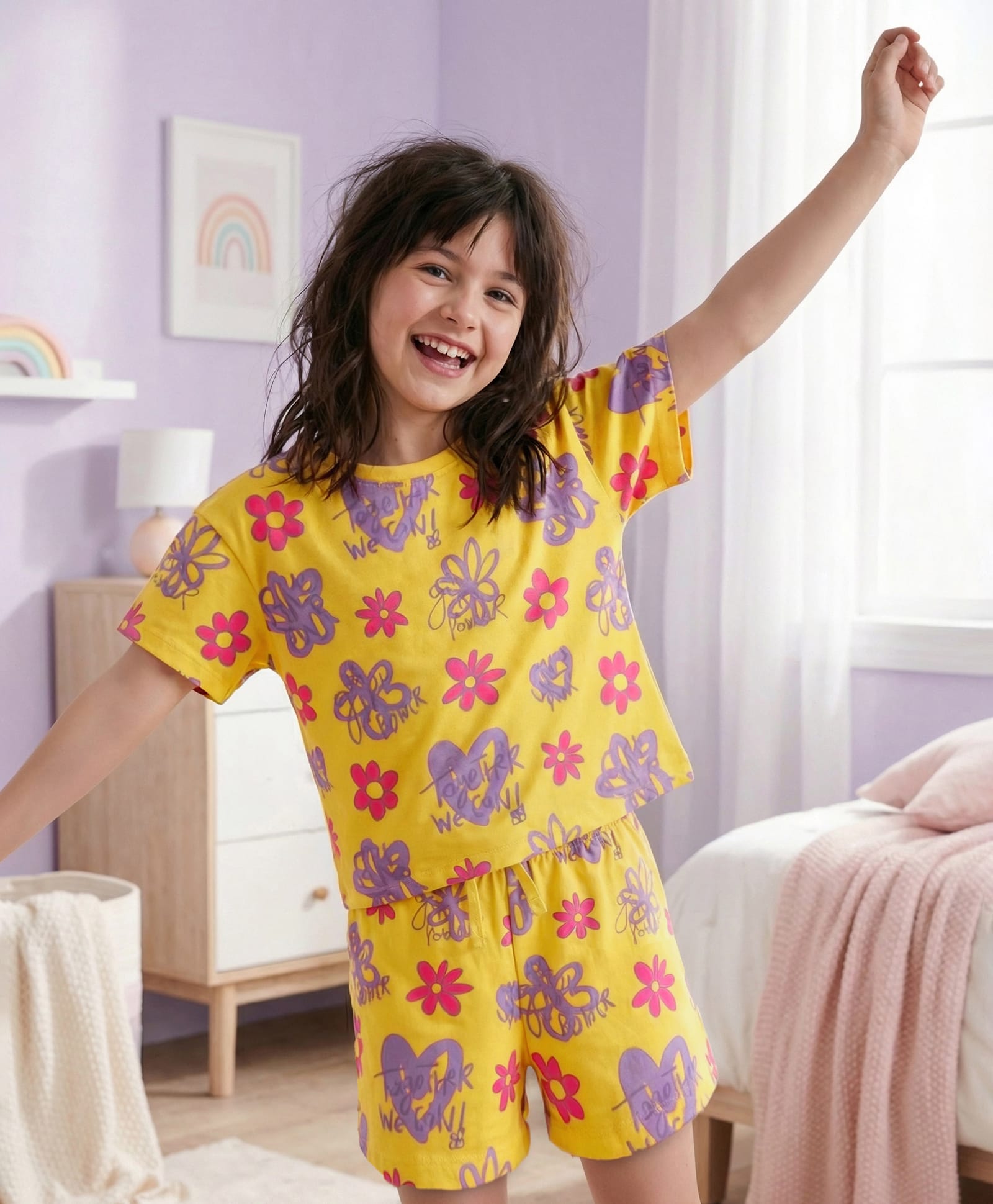 Pine Kids Single Jersey Knit Half Sleeves Shorts Night Suit with Floral Print - Yellow-image-18