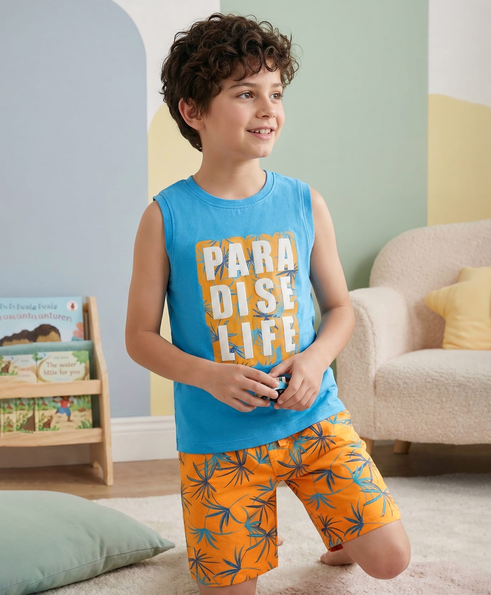 Pine Kids Single Jersey Knit Sleeveless Shorts Night Suit With Tree Print - Light Blue-image-39