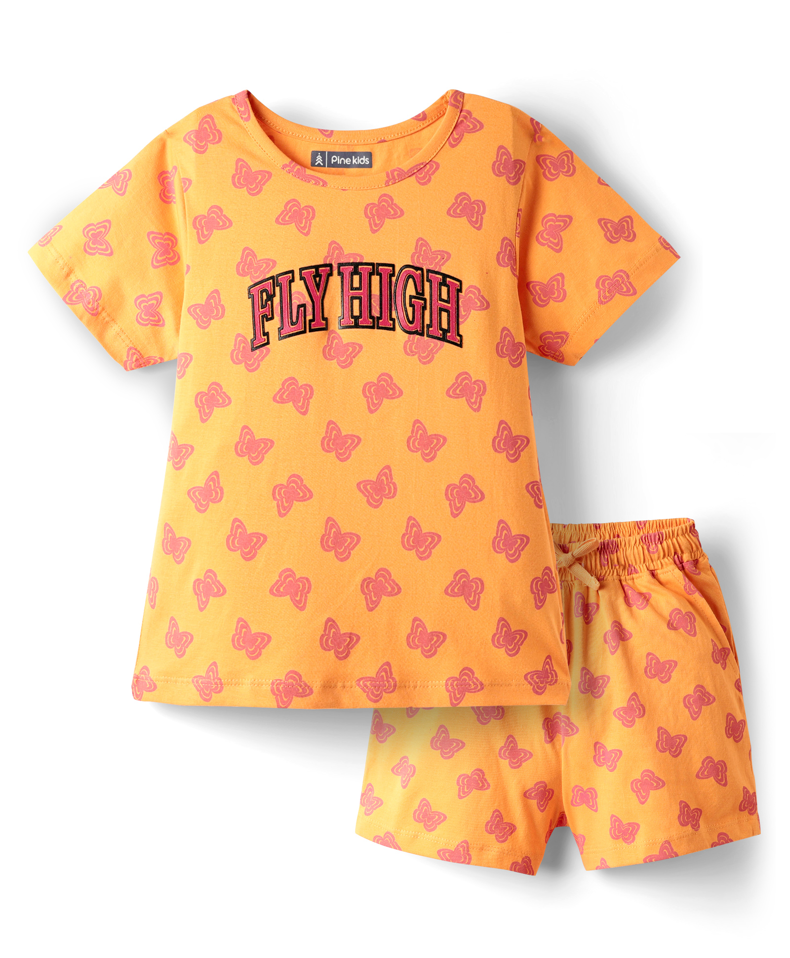 Pine Kids Single Jersey Knit Half Sleeves Co-ords Shorts Night Suit With Butterfly Print - Orange-picture-19