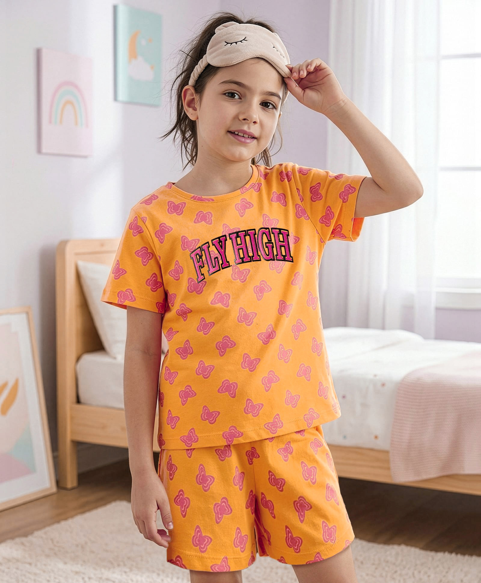 Pine Kids Single Jersey Knit Half Sleeves Co-ords Shorts Night Suit With Butterfly Print - Orange-image-49