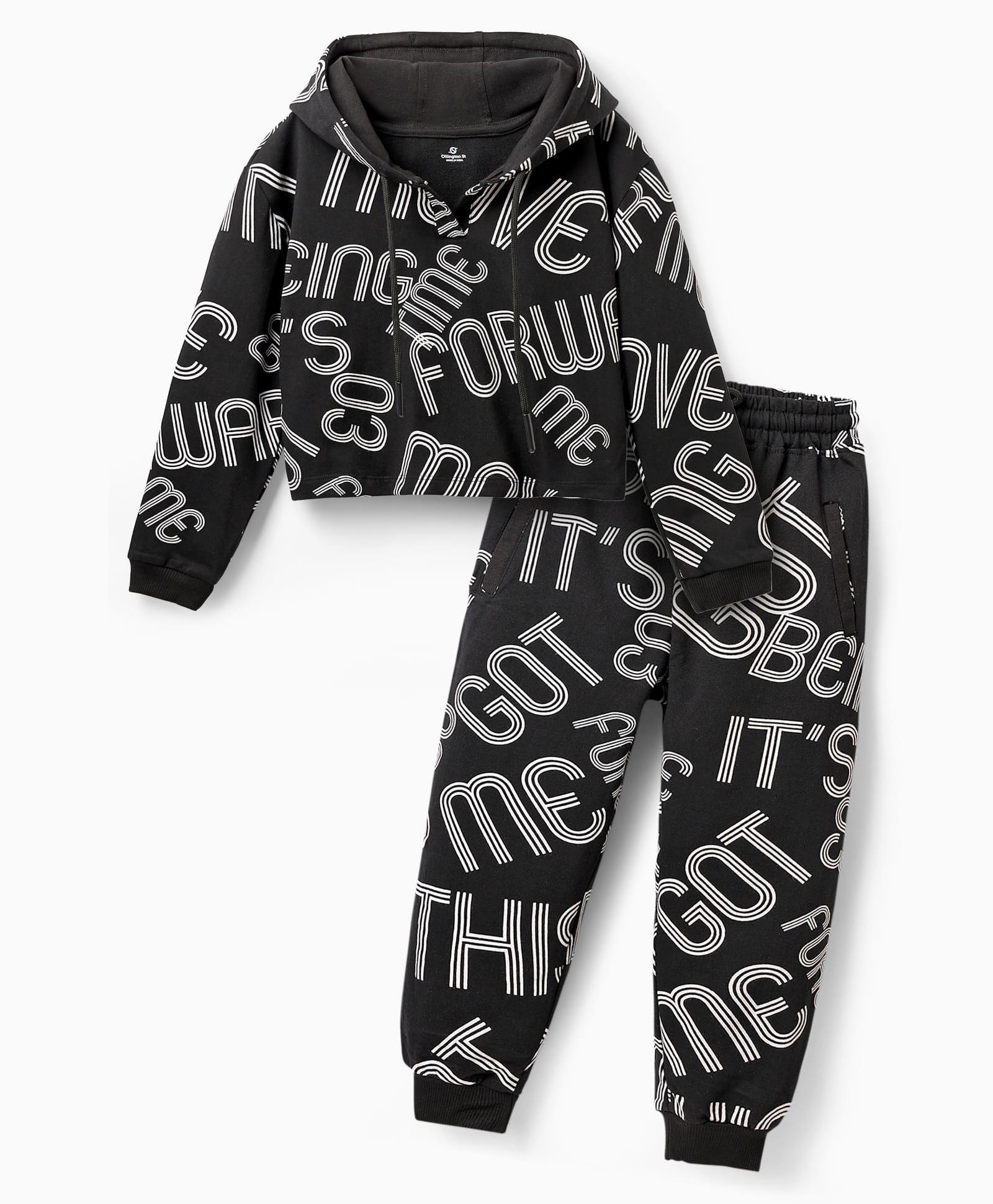 OLLINGTON ST. 100% Cotton Winterwear Co-Ord Set Of Text Printed Full Sleeves Hoodie & Joggers - Black-picture-33