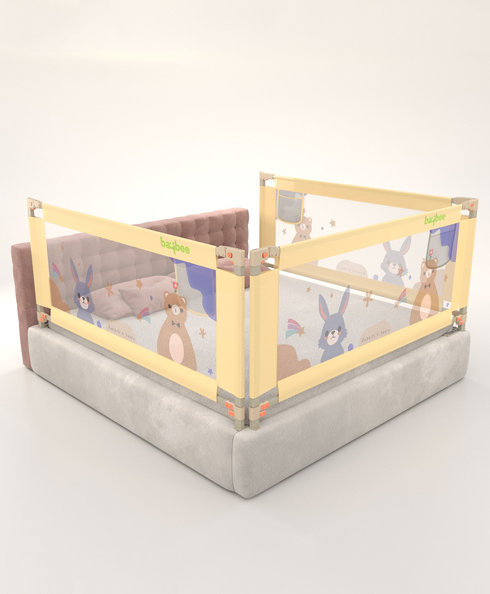 BAYBEE Baby Bed Rail Guard for Baby Toddlers Safety, Portable Kids Bed Rail Safeguard Fence with Adjustable Height | Foldable Single Side Bed Protector for Newborn Baby (Pack of 3, Beige, 200x80cm)