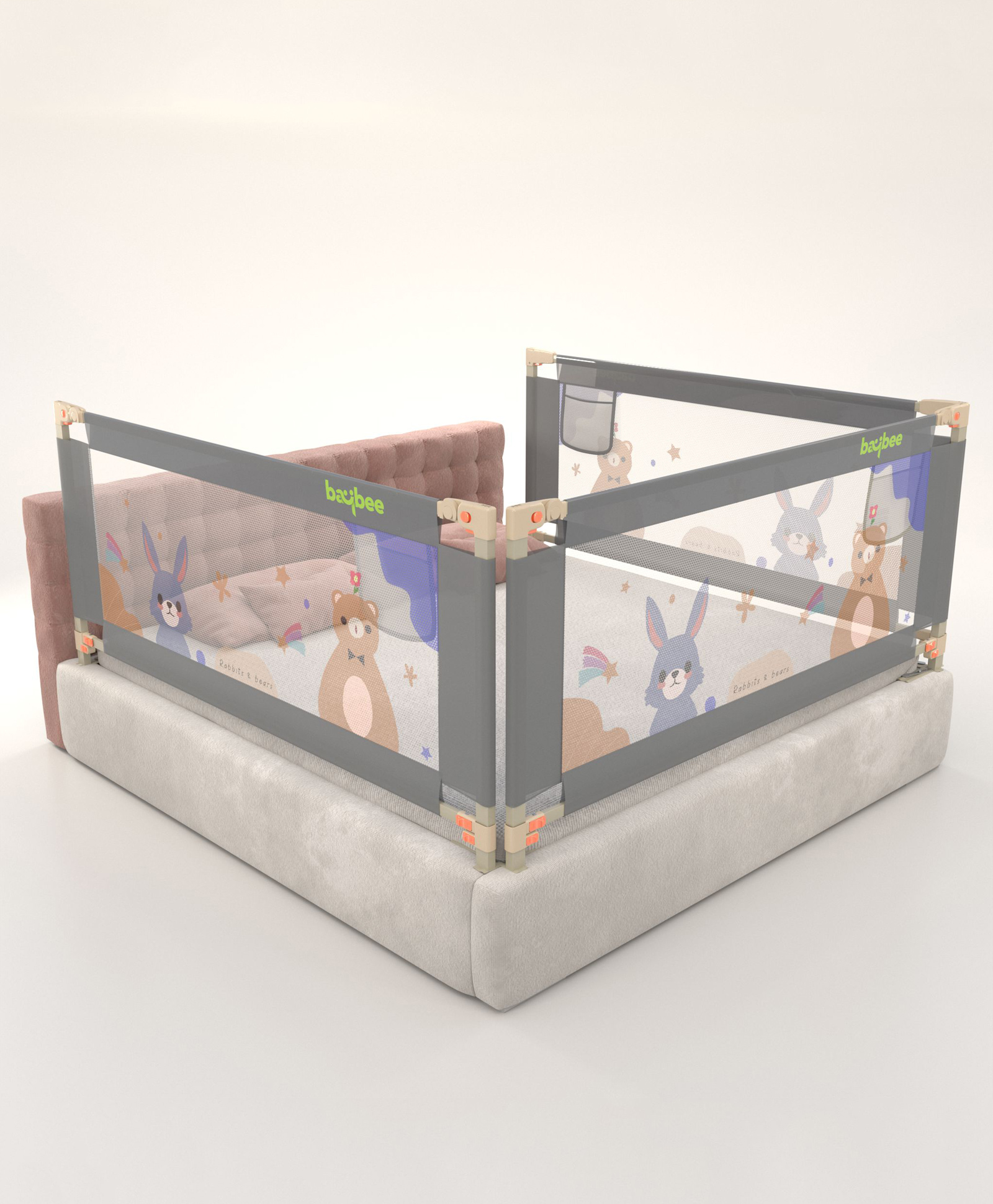 BAYBEE Baby Bed Rail Guard for Baby Toddlers Safety, Portable Kids Bed Rail Safeguard Fence with Adjustable Height | Foldable Single Side Bed Protector for Newborn Baby (Pack of 3, Grey, 200x80cm)