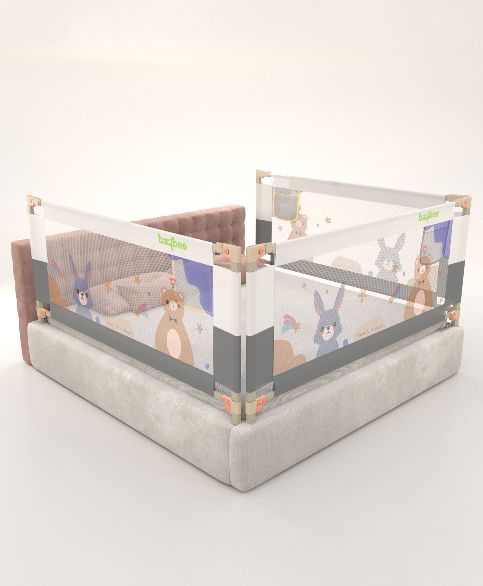 BAYBEE Baby Bed Rail Guard for Baby Toddlers Safety, Portable Kids Bed Rail Safeguard Fence with Adjustable Height | Foldable Single Side Bed Protector for Newborn Baby (Pack of 3, Grey/White, 200x80cm)