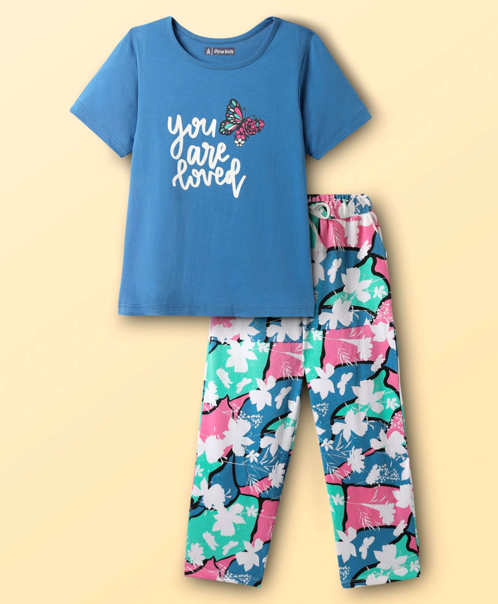 Pine Kids Cotton Knit Half Sleeves Night Suit With Text & Butterfly Print - Blue-picture-15