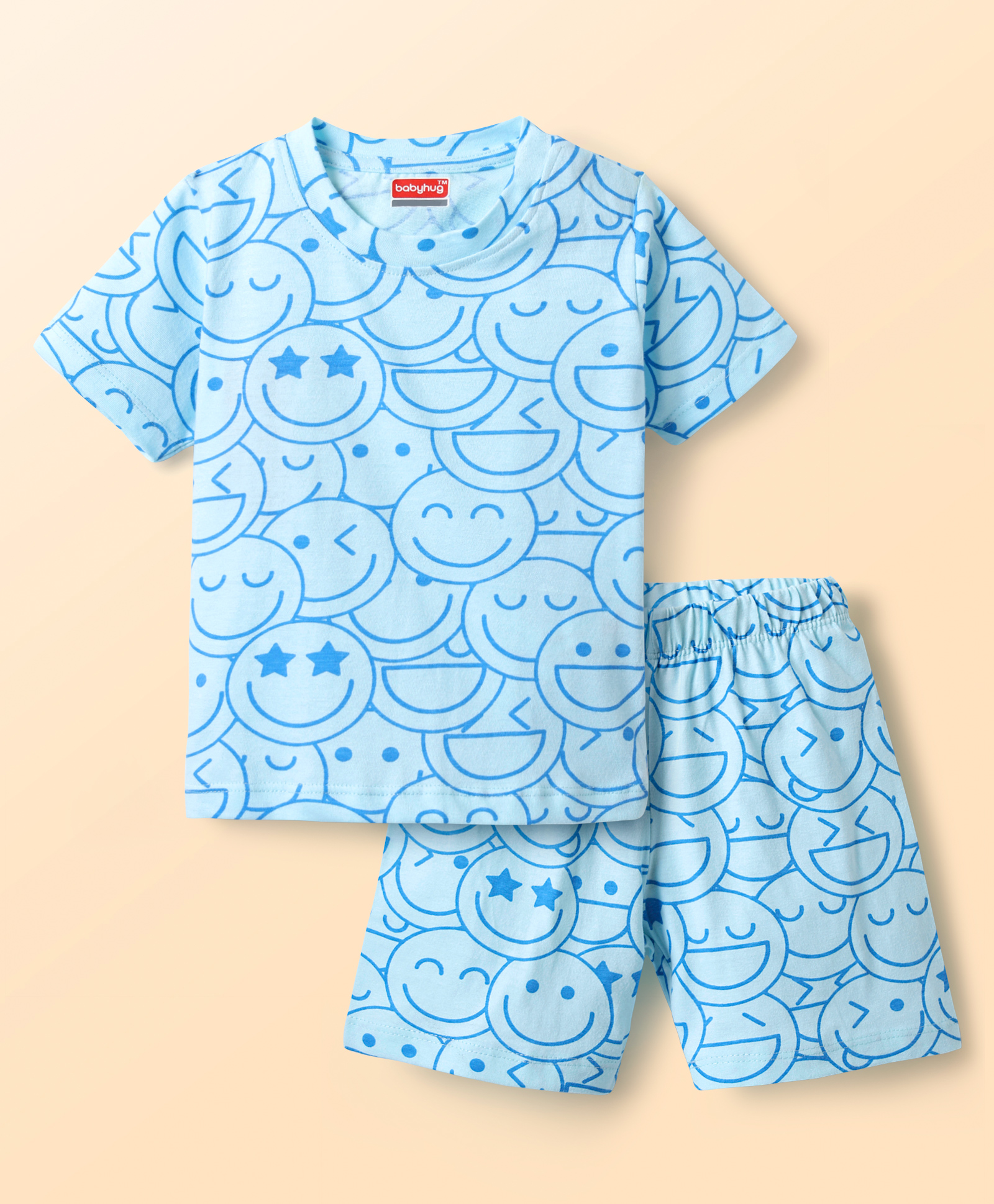 Babyhug Cotton Knit Half Sleeves Shorts Co-ord Night Suit With Smiley Print - Light Blue-image-26
