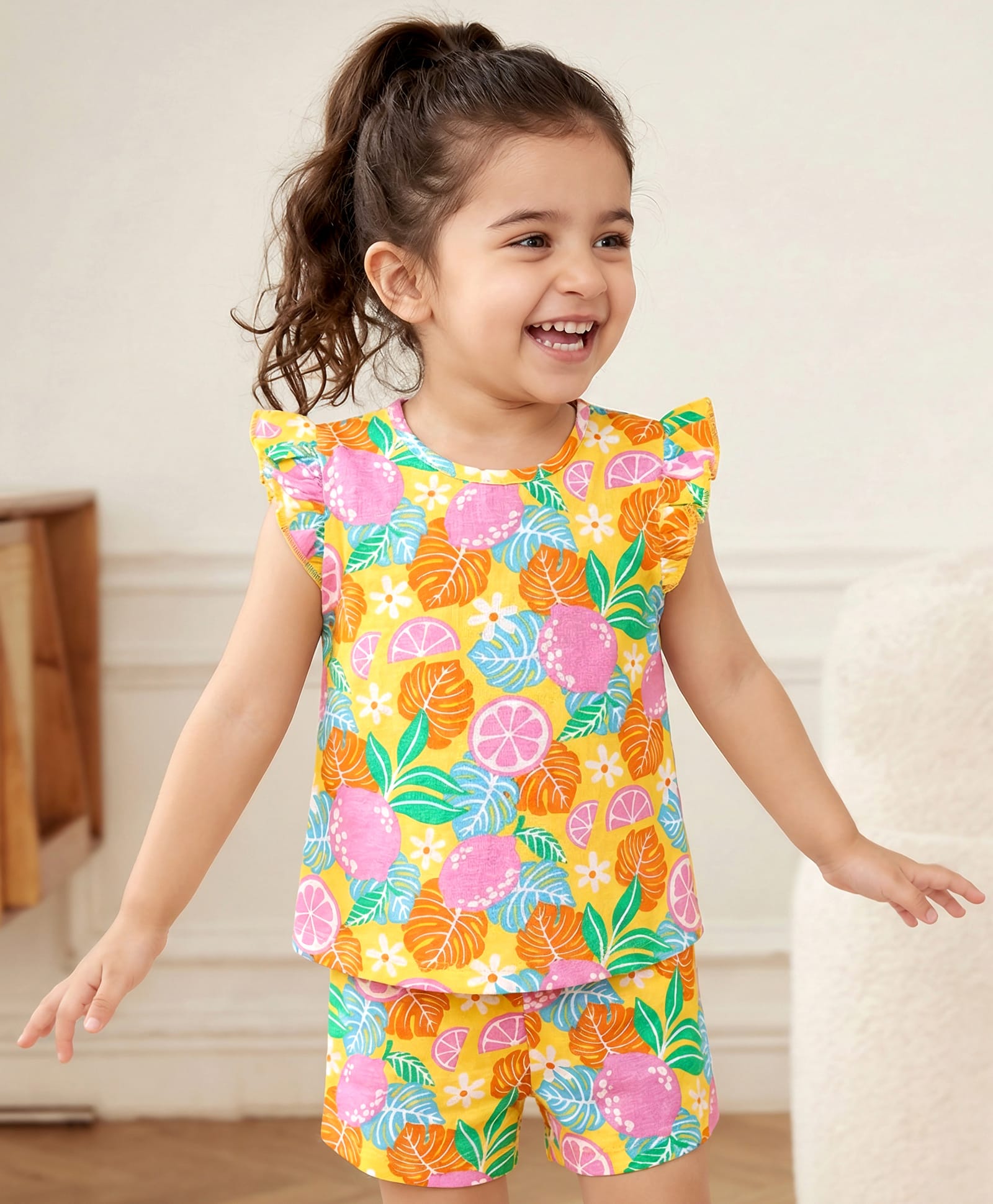 Babyhug Cotton Knit Frill Sleeves Shorts Night Suit With Tropical Theme Print - Multicolour-picture-31