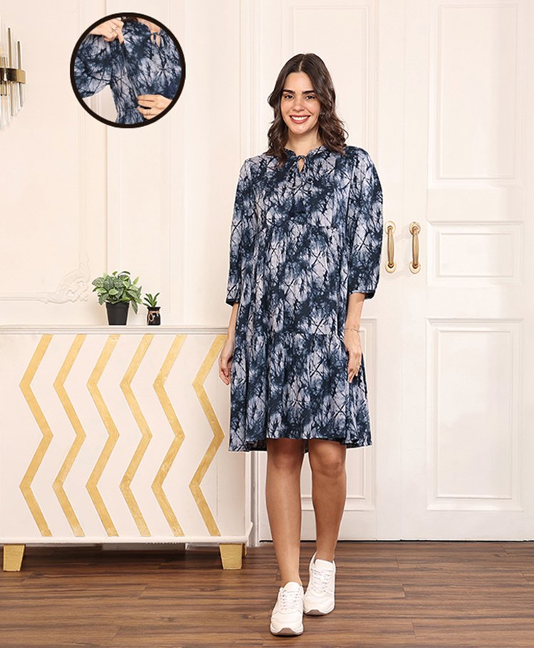 MomToBe Rayon Three Fourth Sleeves Abstract Printed Maternity Dress With Nursing Access - Oxford Blue-picture-19