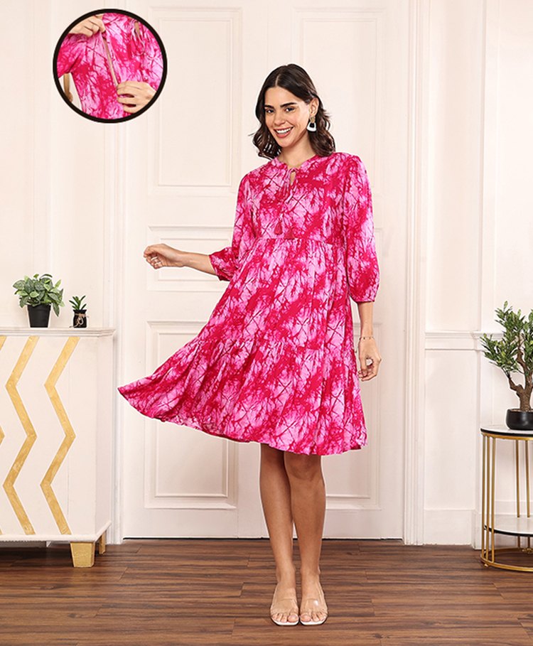 MomToBe Rayon Three Fourth Sleeves Abstract Printed Maternity Dress With Nursing Access - Magenta Pink-picture-21