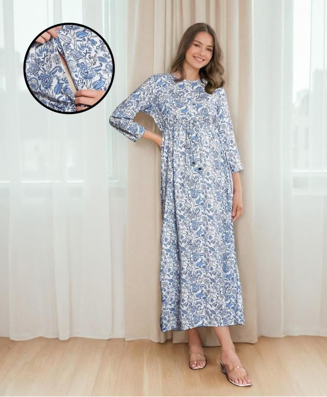 MomToBe Rayon Three Fourth Sleeves Floral Printed Maternity Dress With Nursing Access - Sapphire Blue-picture-30