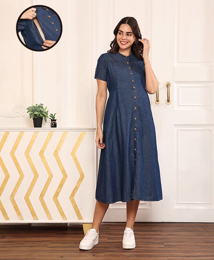 MomToBe Cotton Denim Half Sleeves Solid Maternity Dress With Nursing Access - Dark Blue-image-45