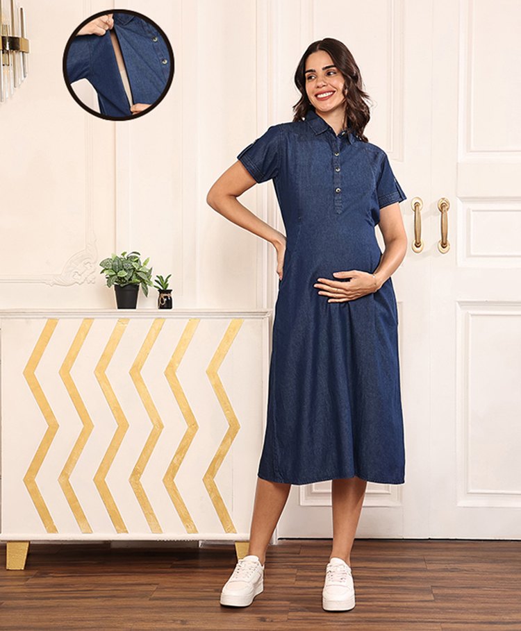 MomToBe Cotton Denim Half Sleeves Solid Shirt Style Maternity Dress With Concealed Zipper Nursing Access - Dark Blue-picture-11