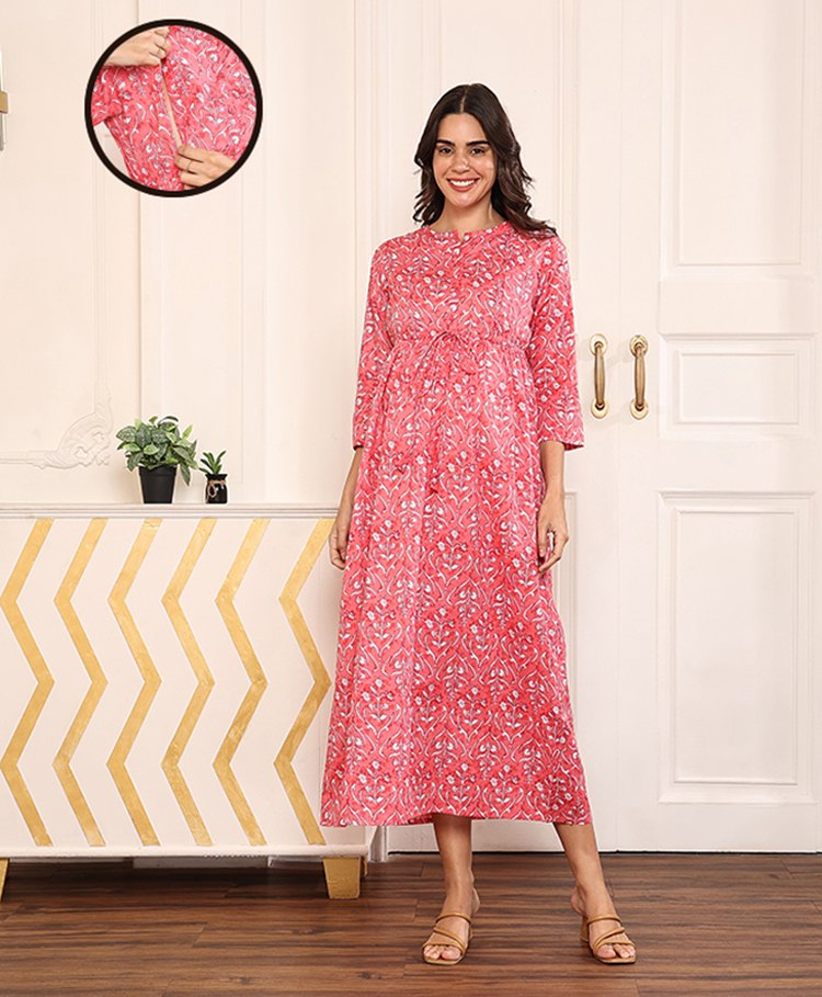 MomToBe Cotton Three Fourth Sleeves Floral Printed Maternity Dress With Concealed Zipper Nursing Access - Rouge Pink-picture-21