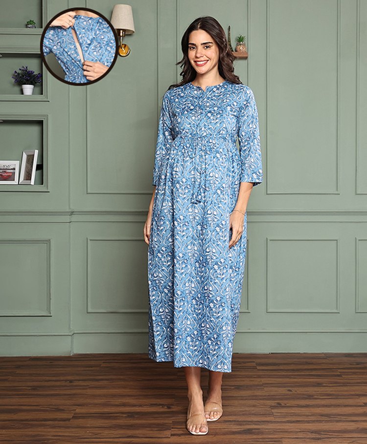 MomToBe Cotton Three Fourth Sleeves Floral Printed Maternity Dress With Concealed Zipper Nursing Access - Cornflower Blue-picture-34