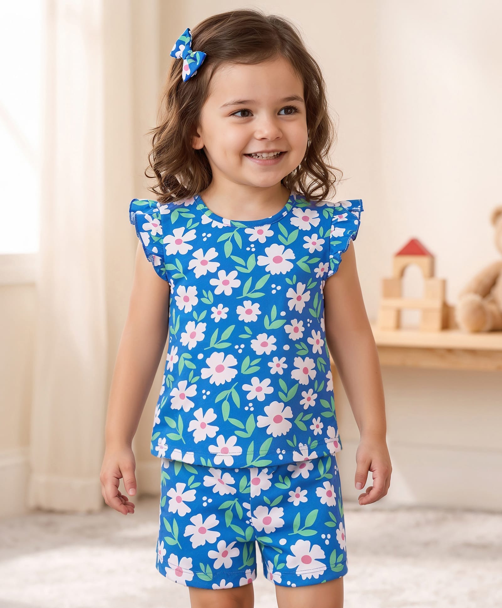 Babyhug Cotton Knit Frill Sleeves Shorts Night suit With Floral Print - Blue-picture-15