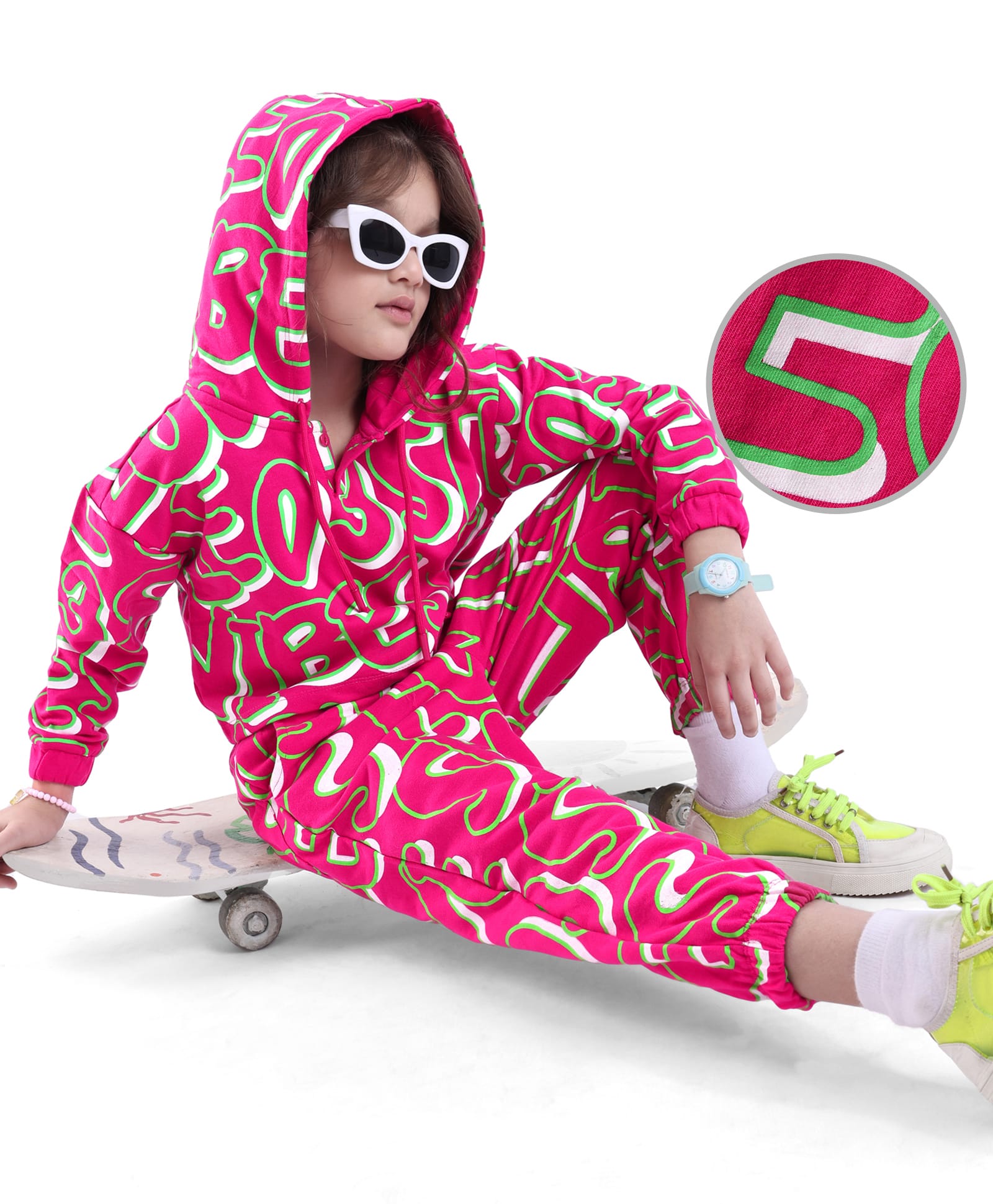 OLLINGTON ST. 100% Cotton Winterwear Co-Ord Set Of Text Printed Full Sleeves Hoodie & Joggers - Pink-image-11