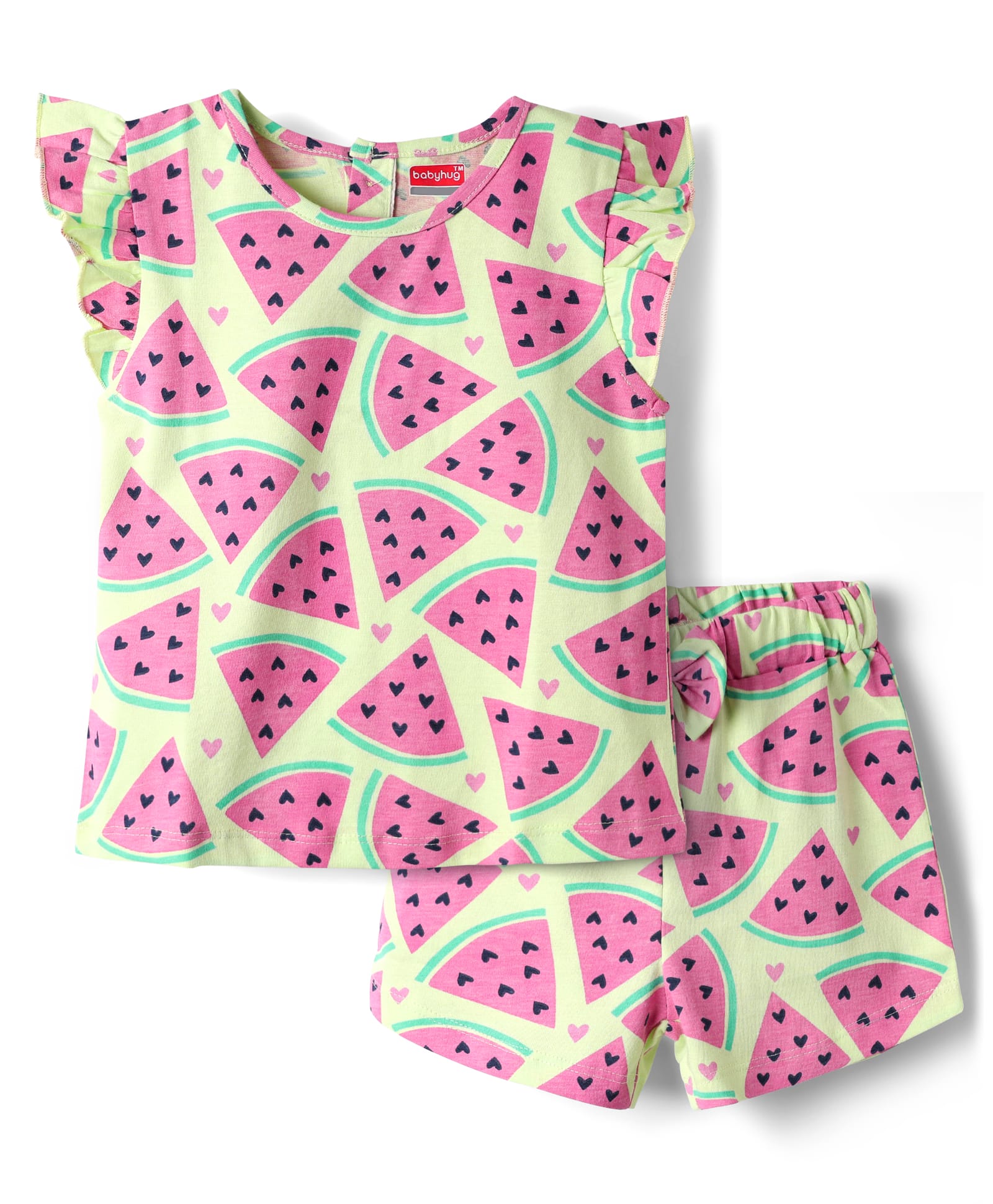 Babyhug Cotton Knit Frill Sleeves Co-ords Shorts Night Wear - Light Green