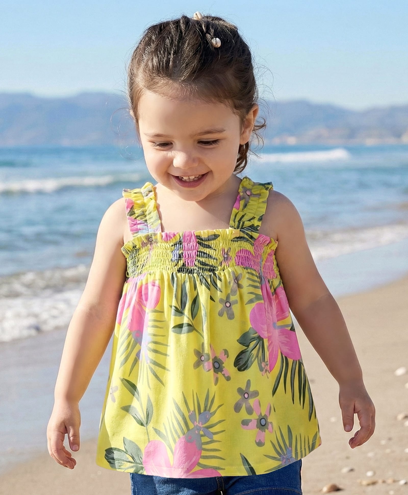 Babyhug Rayon Woven Sleeveless Top with Smocking & Floral Print - Yellow-picture-27