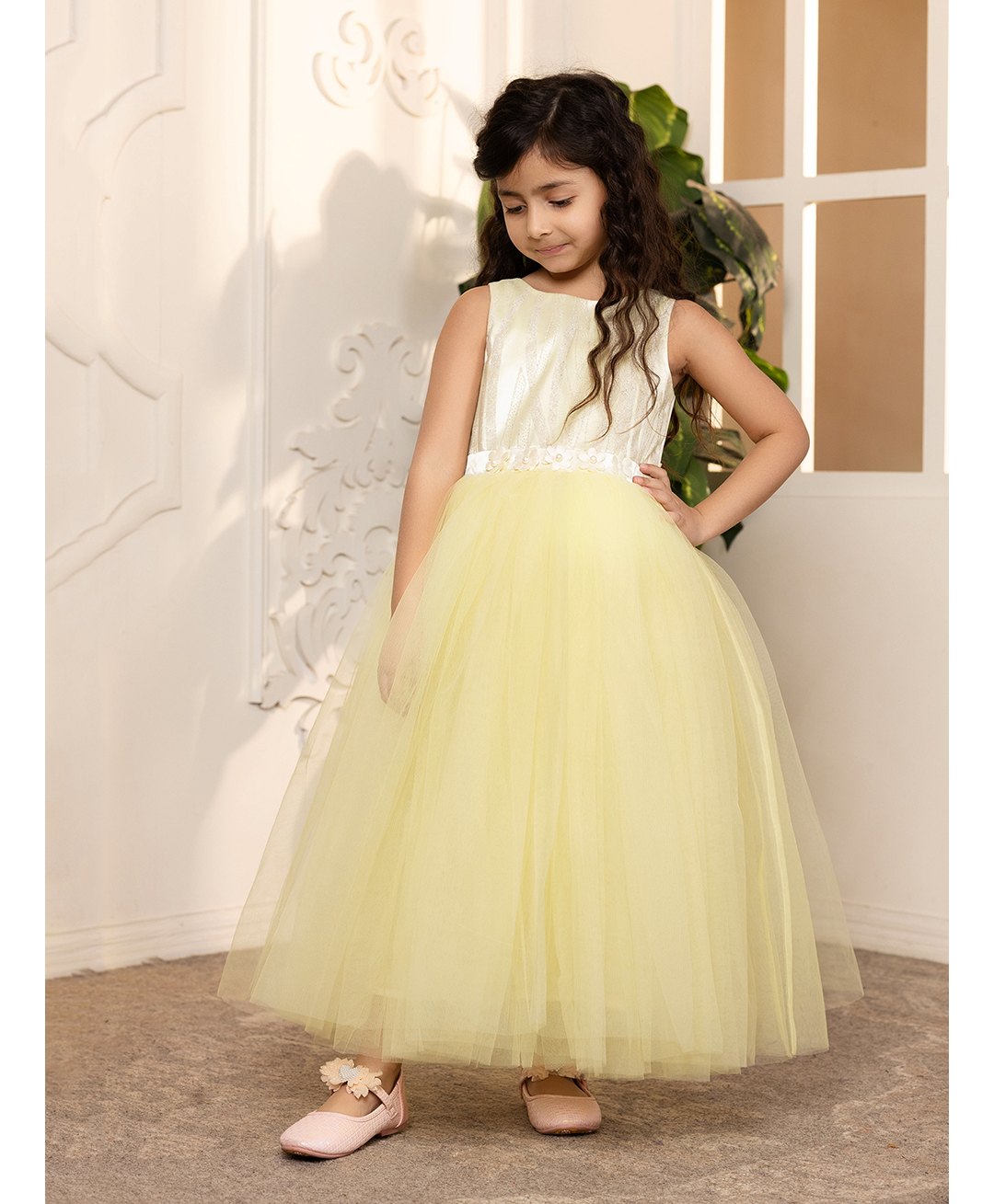Toy Balloon Kids Net Sleeveless Shimmered Striped Gown - Lemon Yellow-image-25
