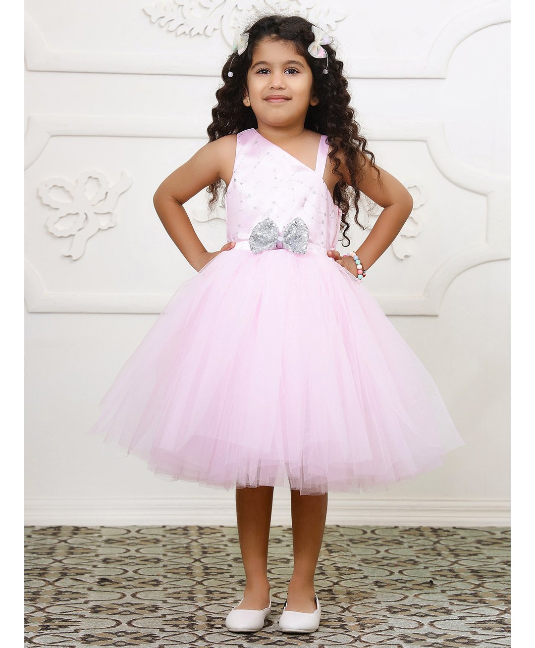Toy Balloon Kids Net Sleeveless Bow Applique Detailed Sequins Embellished Stars Glitter Printed Dress - Pink-image-23