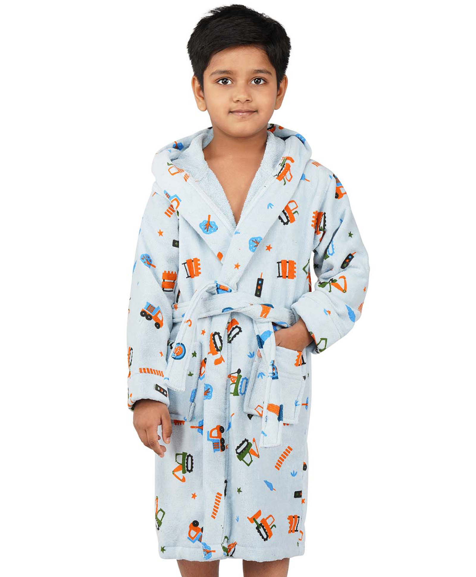 Rangoli Cotton Full Sleeves Construction Theme Printed Ultra Soft Bathrobe With Attached Adjustable Belt - Blue-picture-12