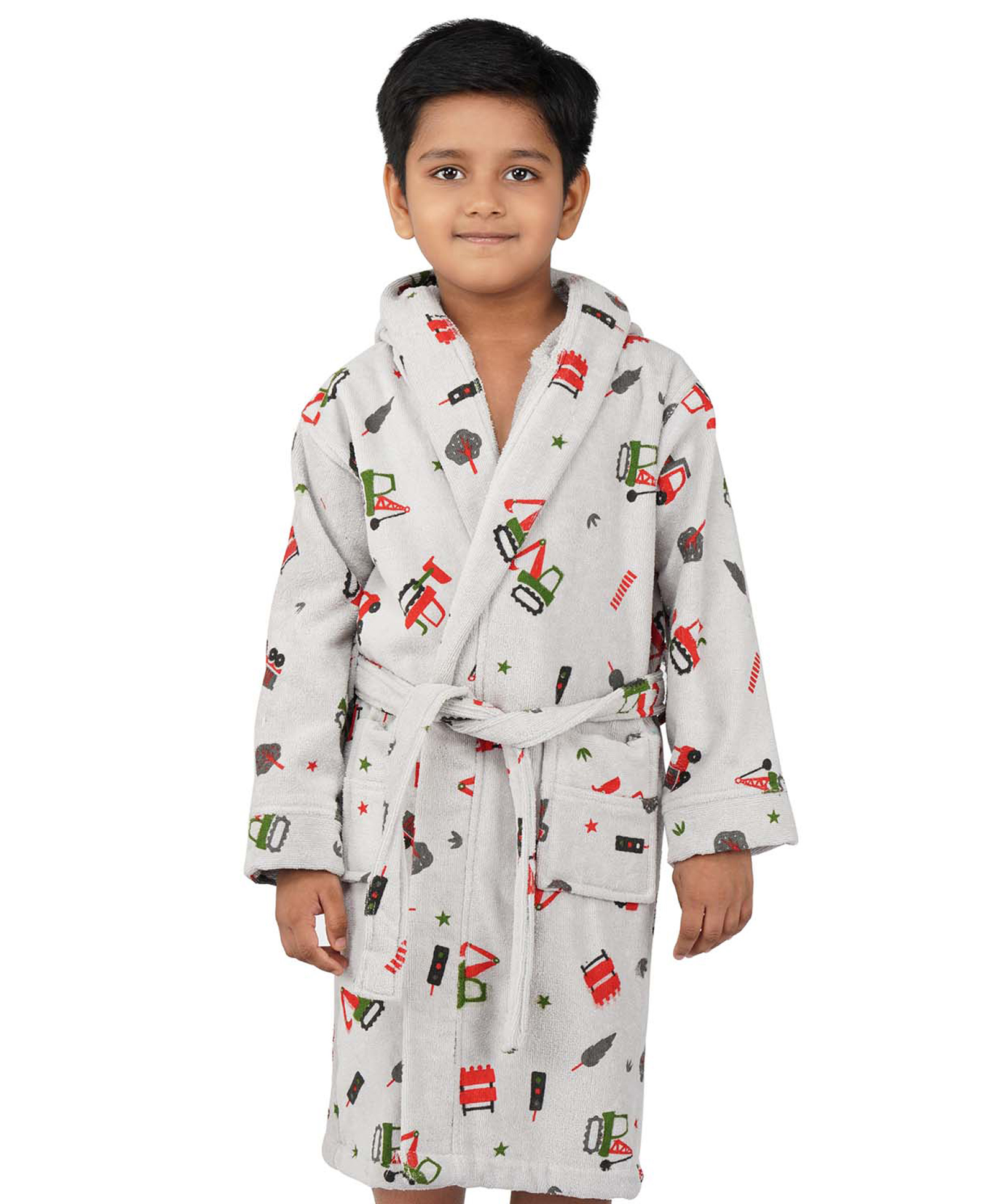 Rangoli Cotton Full Sleeves Construction Theme Printed Ultra Soft Bathrobe With Attached Adjustable Belt - Grey-picture-13