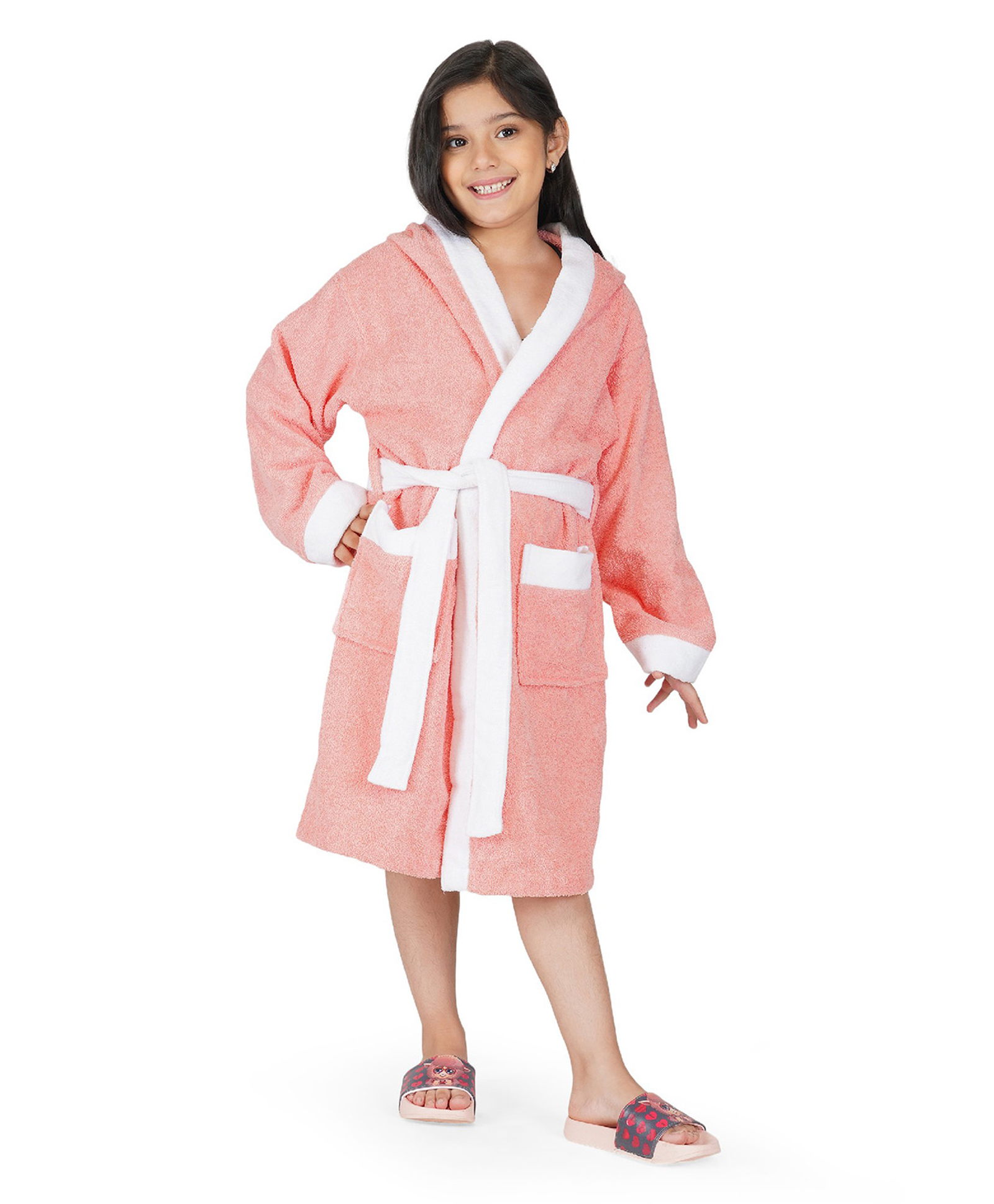 Rangoli 100% Cotton Terry Full Sleeves Solid With Attached Belt Ultra Soft Bath Robe - Peach-picture-33