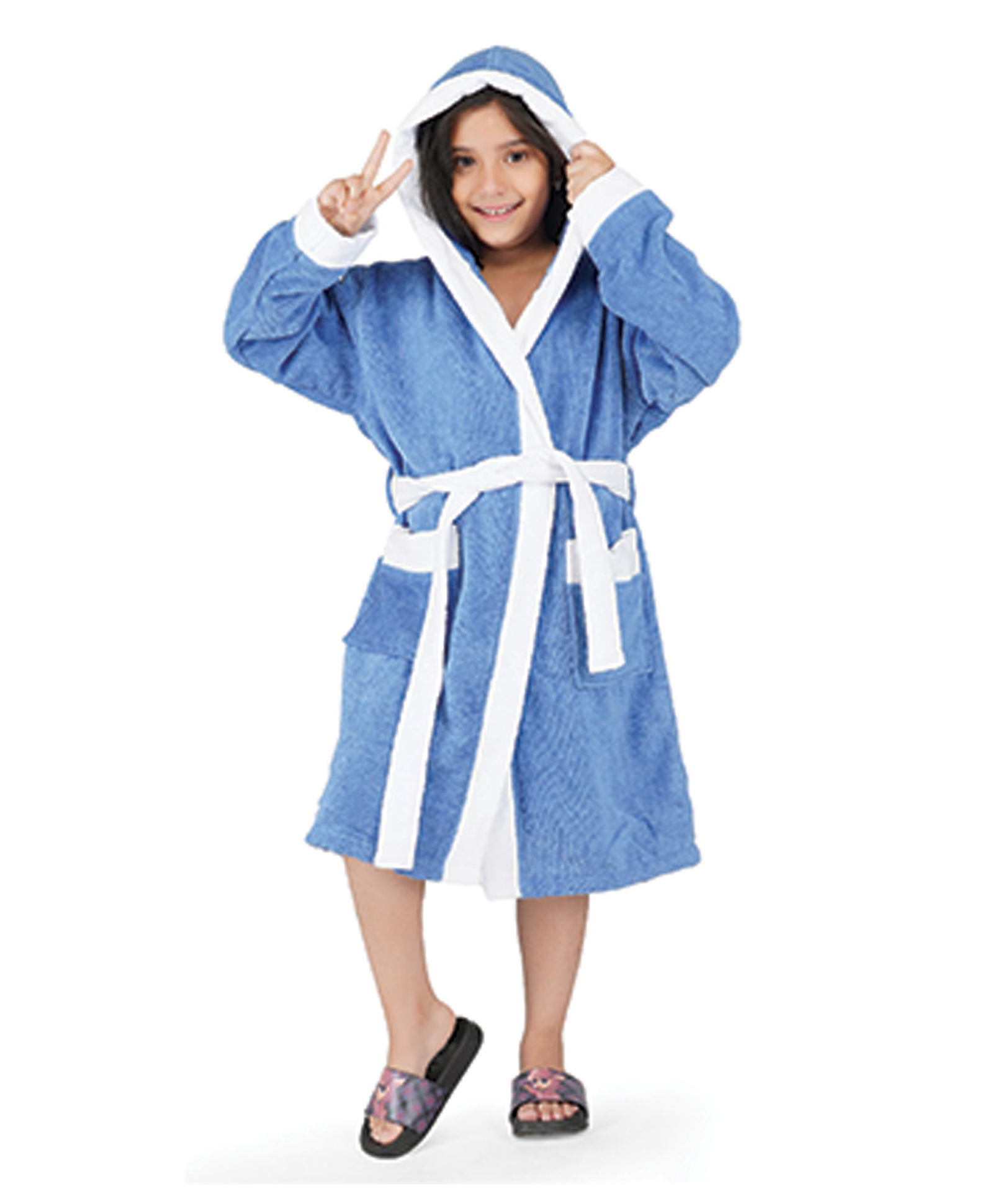 Rangoli 100% Cotton Terry Full Sleeves Solid With Attached Belt Ultra Soft Bath Robe - Blue-picture-34